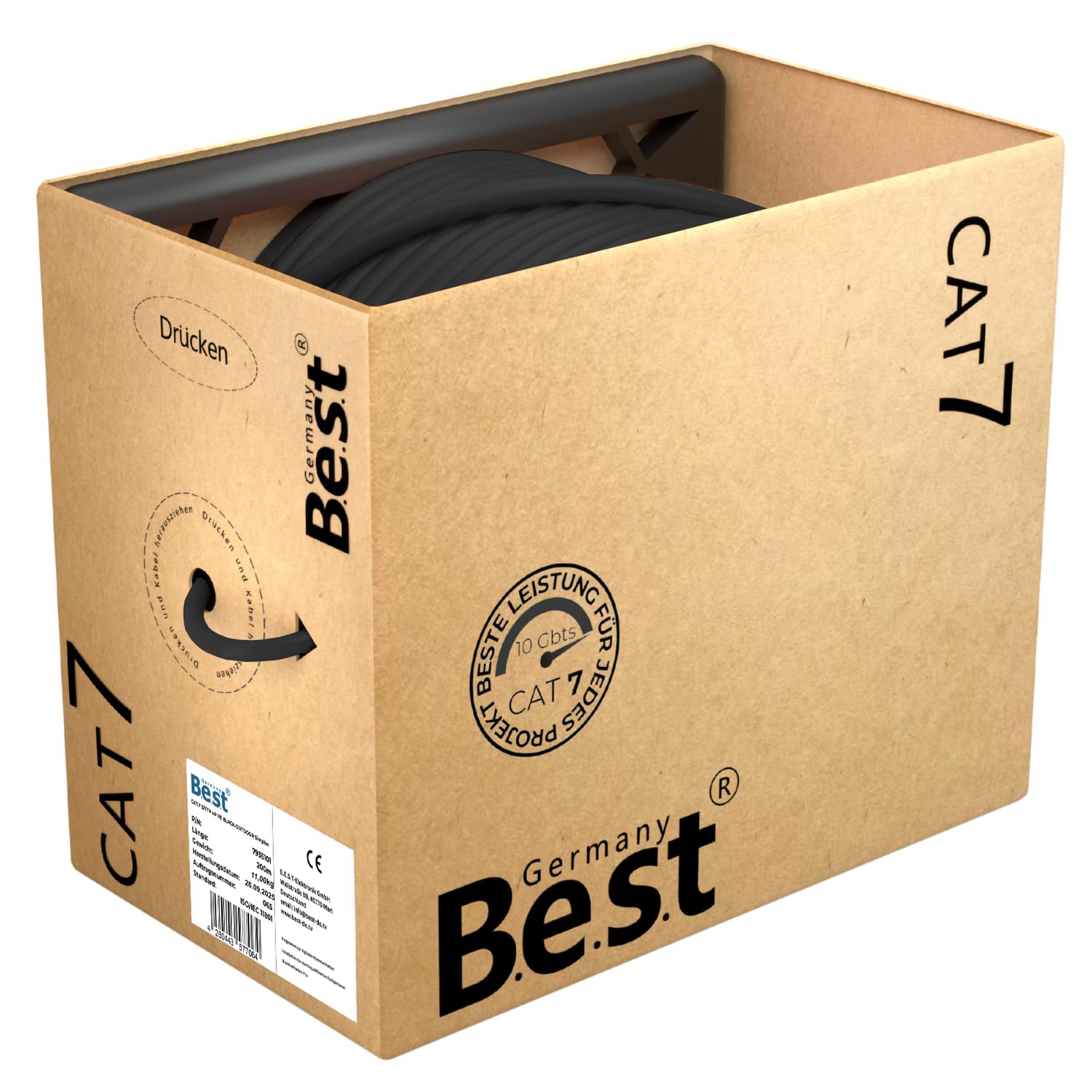 Germany B.e.s.t Cavo di rete CAT 7, 200 m, Simplex, cavo di rete per esterni, LAN, cavo Ethernet, S/FTP, 10 Gbps, catat 7, in puro rame PoE+ LSZH
