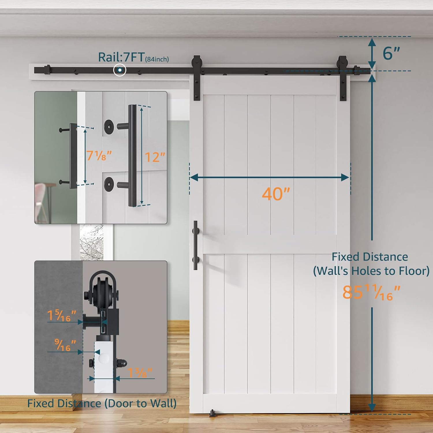 40''x84'' Sliding Barn Door with 7 Ft Barn Door Hardware Kit& Handle& Floor Guides,Pre-Drilled Holes Easy Assembly - Include Installation Manual, Water-Proof PVC Surface, H-Frame, White