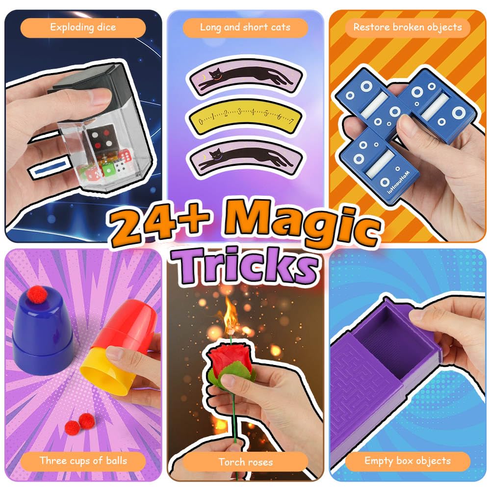 OSDUE Magiczne gry, 24 magiczne sztuczki dla dzieci, mały początkujący magiczna różdżka, zestaw magicznych sztuczek dla dzieci z magiczną peleryną i kapeluszem, prezent dla chłopców, dziewcząt