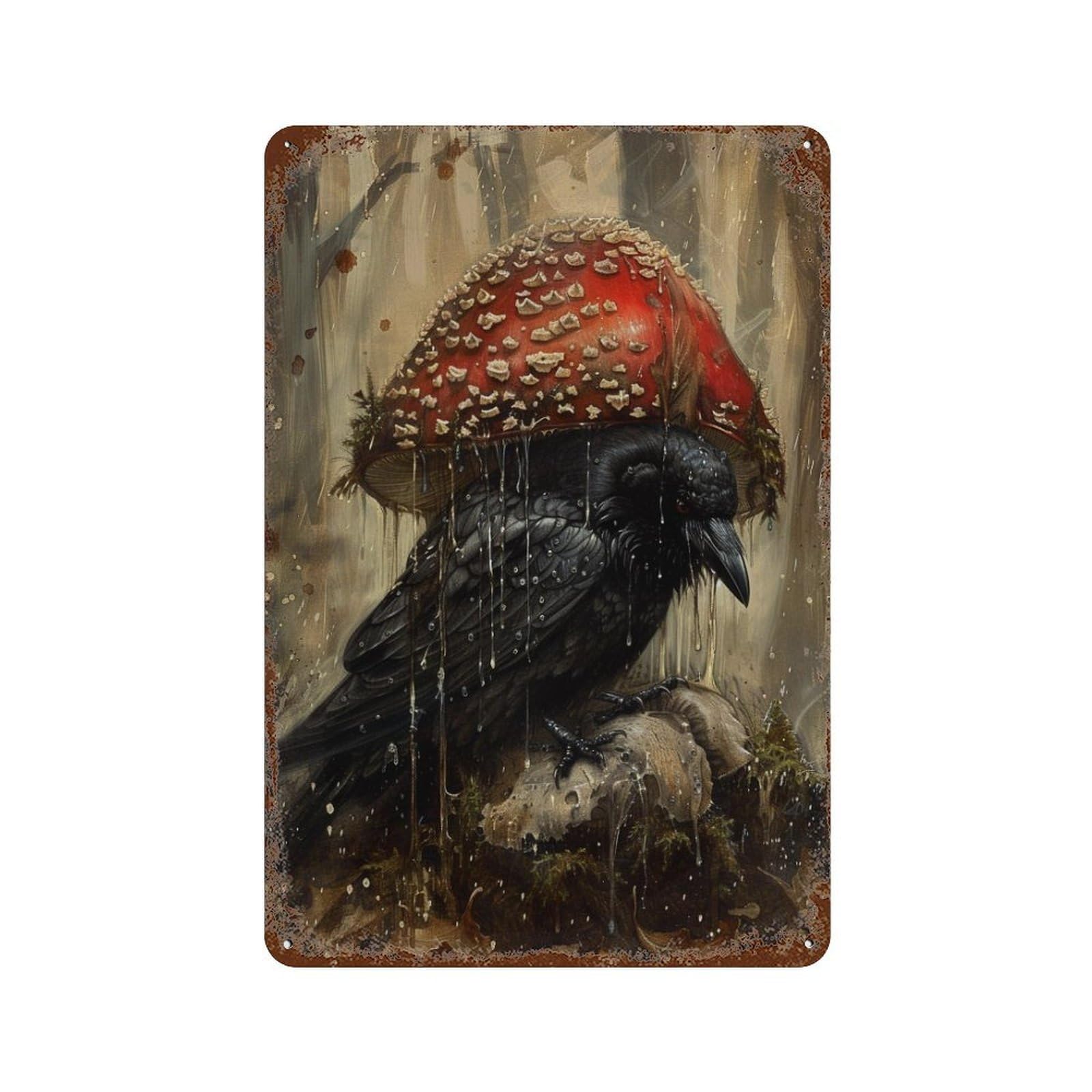 Mystical Forest Crow with Mushroom Hat Decorative Tin Sign 11.8"x7.9", Vintage Wall Decor for Garage, Pub Or Kitchen