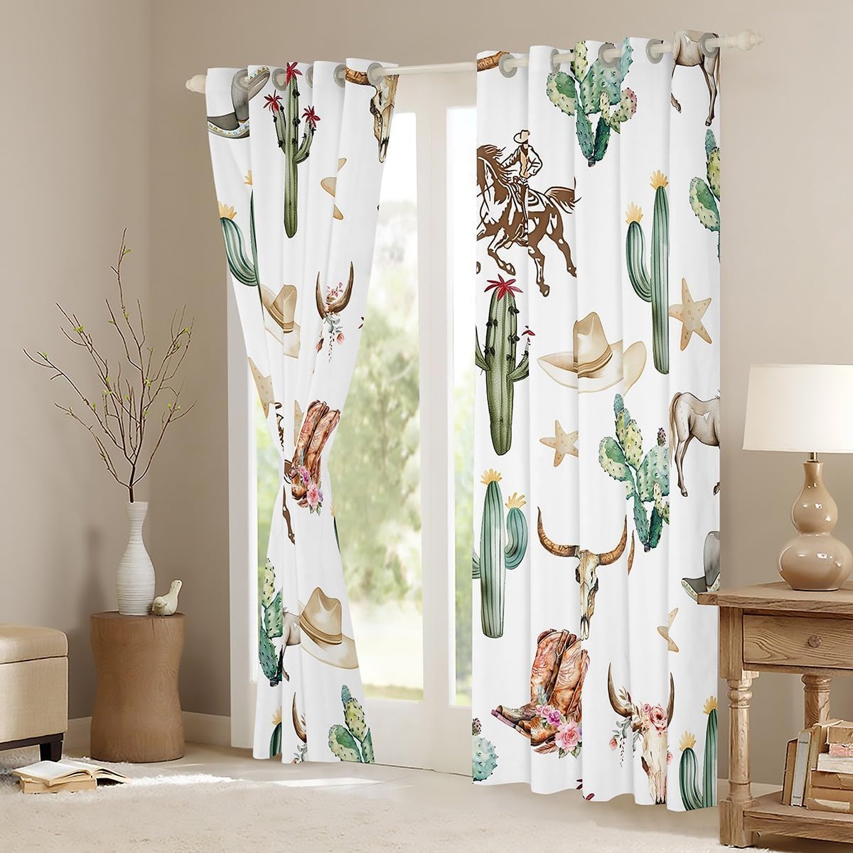 jejeloiu Western Aztec Window Drapes for Kids Boys Horse Blackout Shades Window Treatments (2 Panels, 38 x 54 Inch) Tribal Cowboy Boots Wild Bull Skull Cactus Curtains Room Darkening Curtain