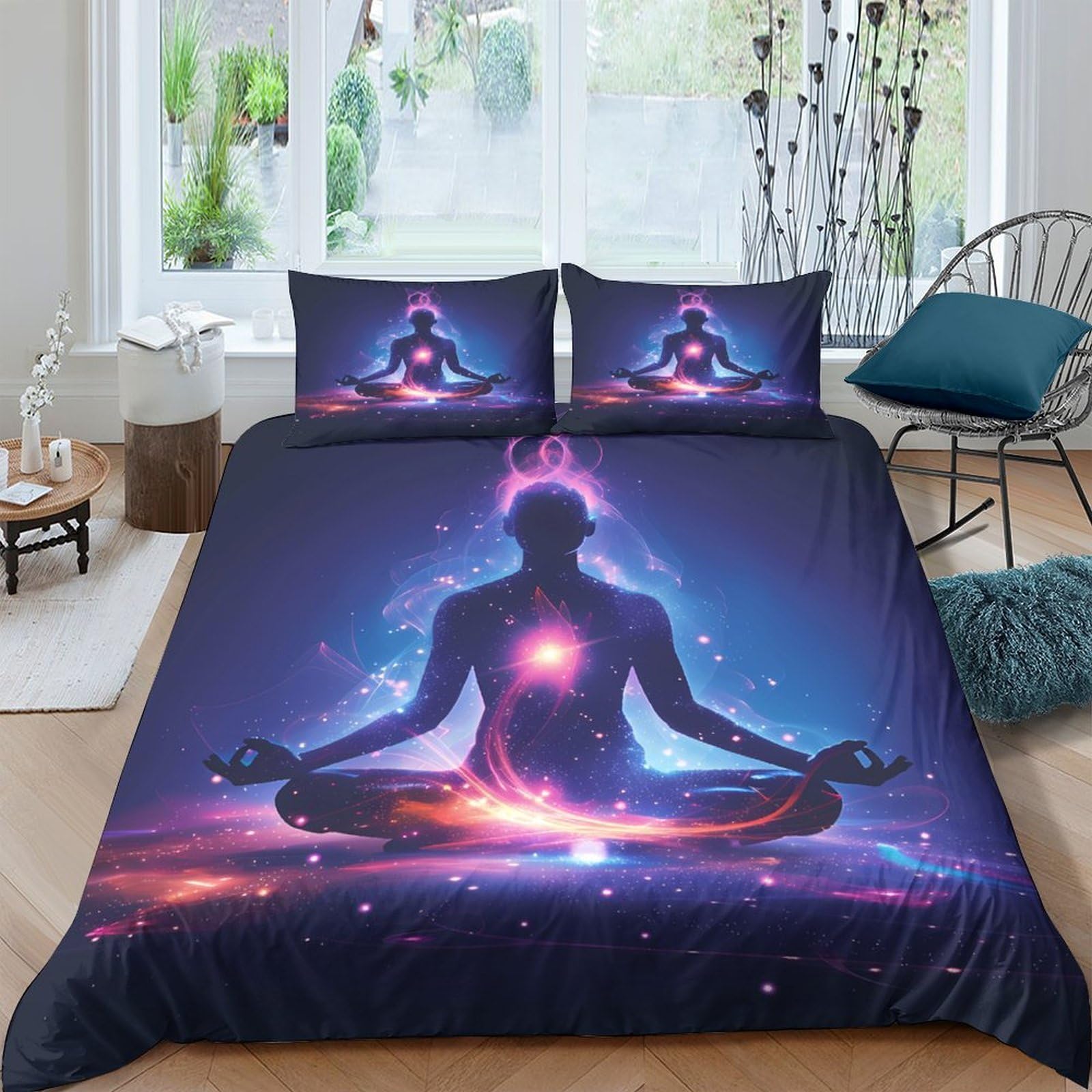 GPLZQXKJNH 3D Printed Meditation Silhouette Duvet Cover Microfiber Soft Breathable Galaxy Aura Bedding Set with 2 Pillowcases for Bedroom Home Decor Single（135x200cm）