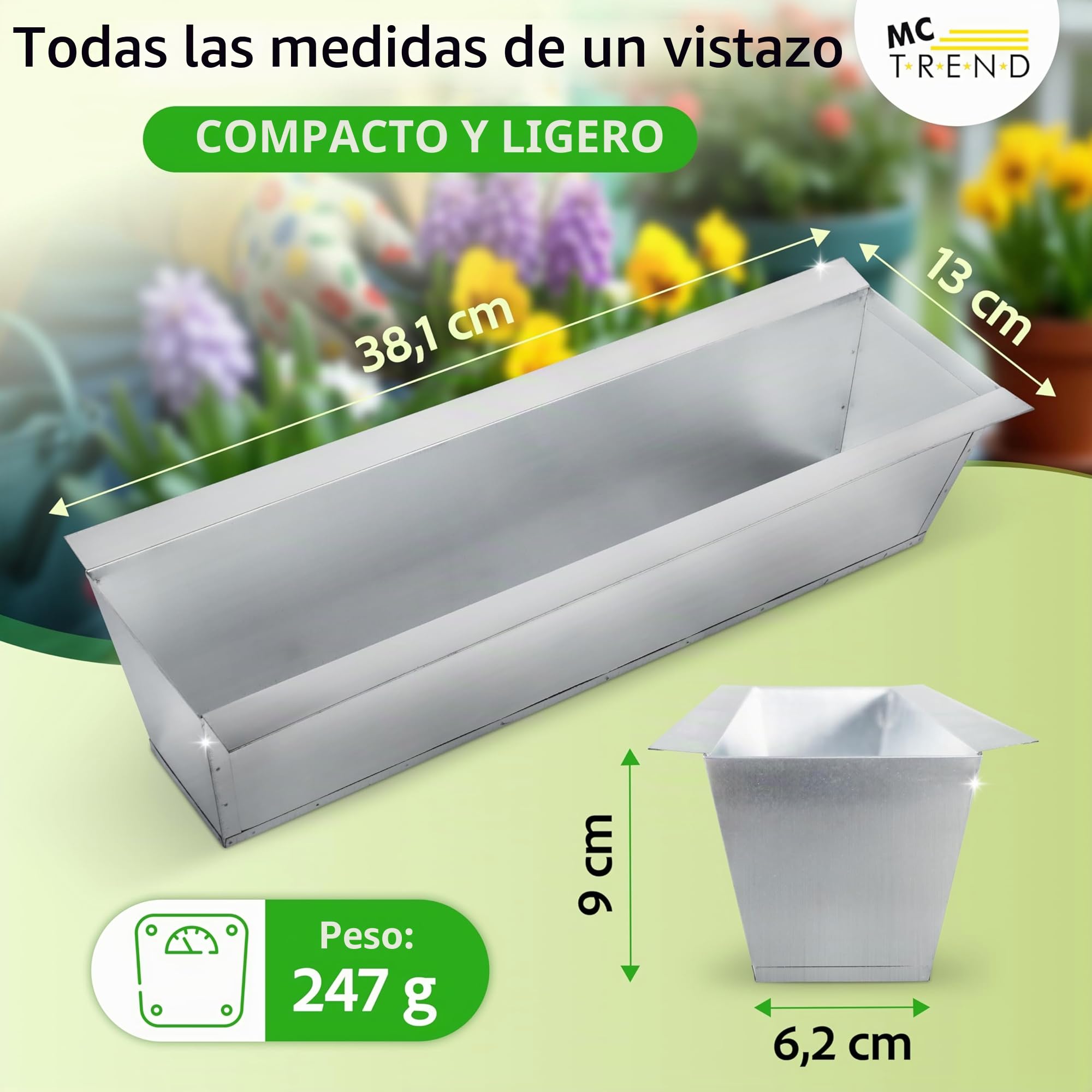MC-Trend Macetero para palés europeos, metal galvanizado, resistente a la intemperie y a la corrosión, con agujeros de drenaje, 38,1 x 13 x 9 cm, 247 g, resistente a los rayos UV, apilable, varios
