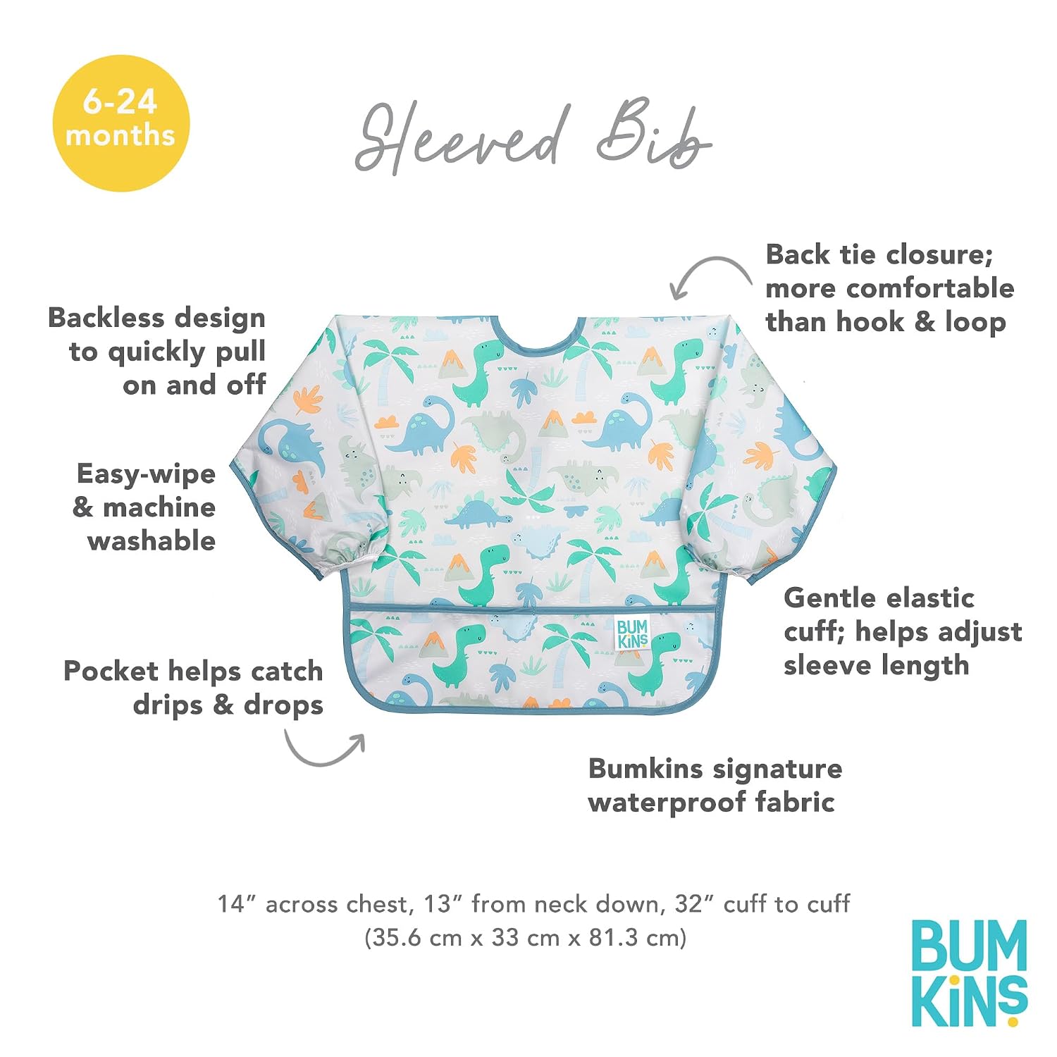 Bumkins Sleeved Bib for Girl or Boy, Baby and Toddler for 6-24 Mos, Essential Must Have for Eating, Feeding, Baby Led Weaning Supplies, Long Sleeve Mess Saving Food Catcher, Fabric, Dinosaur Gray image 5