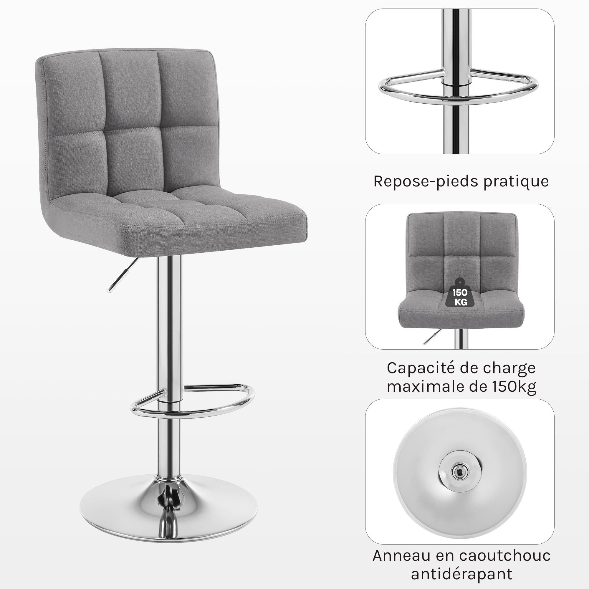WOLTU Tabouret Bar Lot de 2, Chaise Haute de Bar Pivotant à 360° et Réglable en Hauteur, pour Îlot Central Cuisine, Comptoir, Tabourets avec Dossier et Repose-pieds, en Lin, Gris Clair