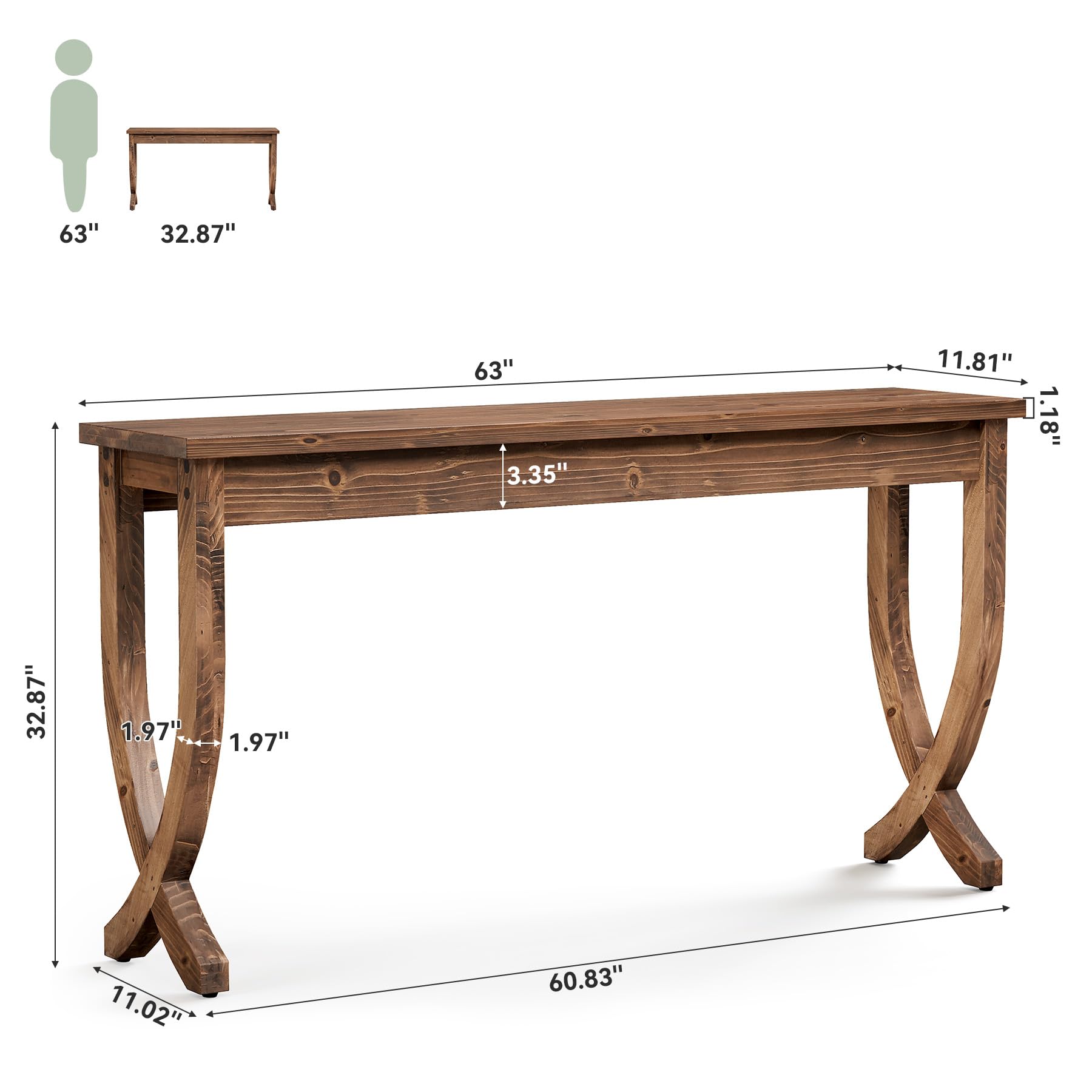 Console en Bois Massif 160 cm, Table d'entrée de Style Ferme, Table de canapé Longue pour Salon, Couloir, entrée, Foyer, Marron