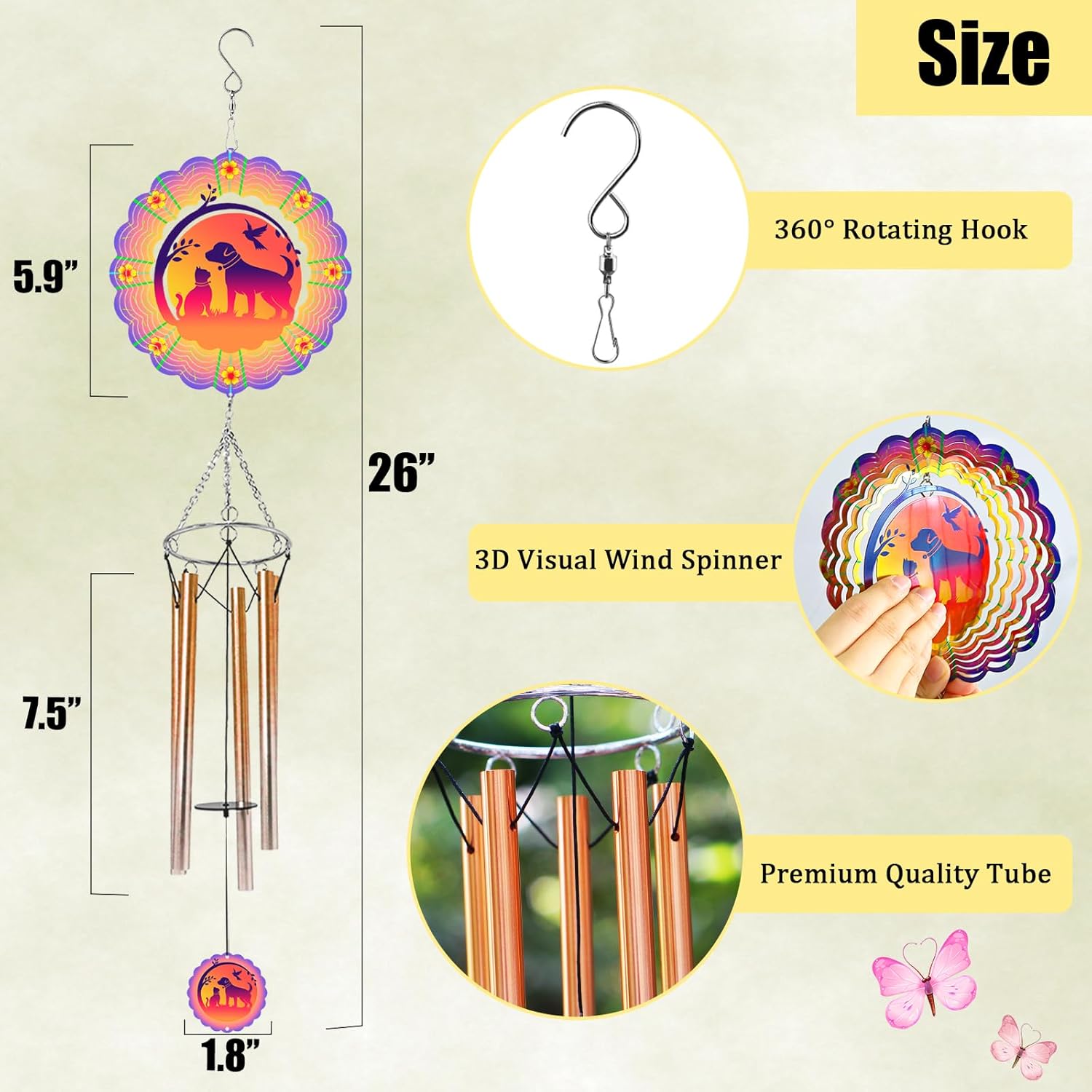 Wind Chimes with Dog Cat Pet 3D Display Wind Spinner for Outside Garden Patio Yard Decor, Metal Decorative Windchimes Outdoor Hanging Gift for Mom Women Grandma Wife, for Christmas, Birthday