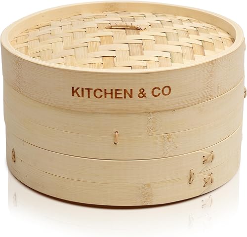 Miniatura 2 de KITCHEN & CO Vaporizador de bambú de 10 pulgadas, juego completo de 2 niveles de cesta de vapor de bambú, 2 palillos, 1 rodillo, plato de cerámica y