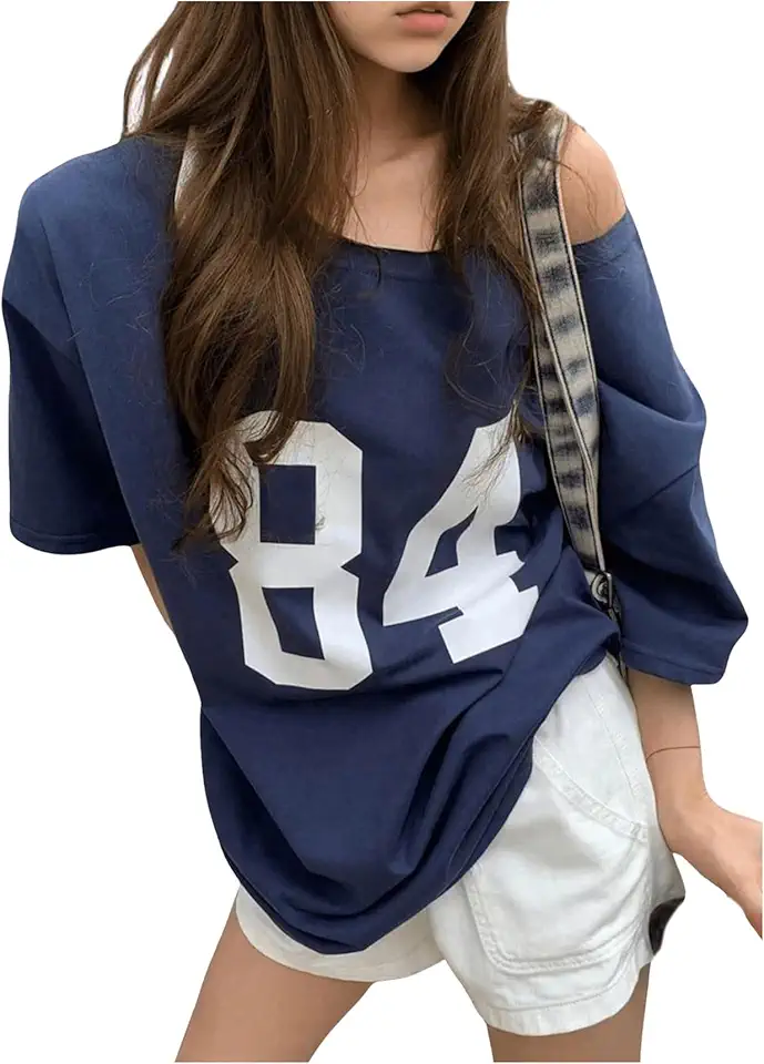 RoseSeek Girl's Off The Shoulder Tops Number Graphic Jersey Shirts Short Sleeve Oversized T Shirts Y2k Tops