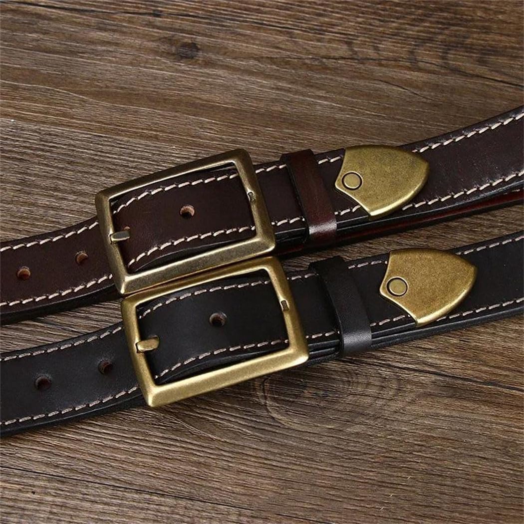 Unisex Leather Belt - 3.3 cm Solid Cowhide with Brass Buckle, Reversible Design