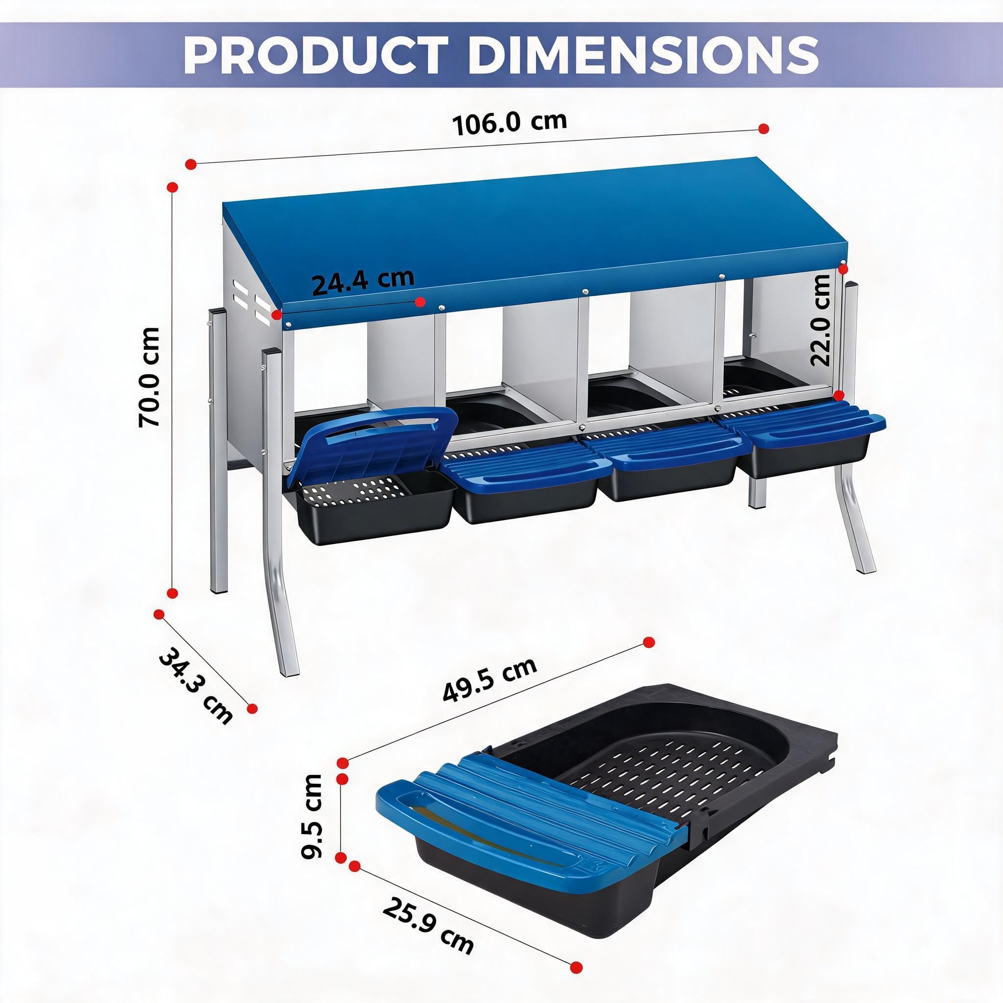 Garvee Nido para gallinas ponedoras de 4 Compartimentos con Patas de Soporte, Caja Nido de Acero galvanizado con Recogida de Huevos automática, Techo Azul y bandejas extraíbles para gallinero de