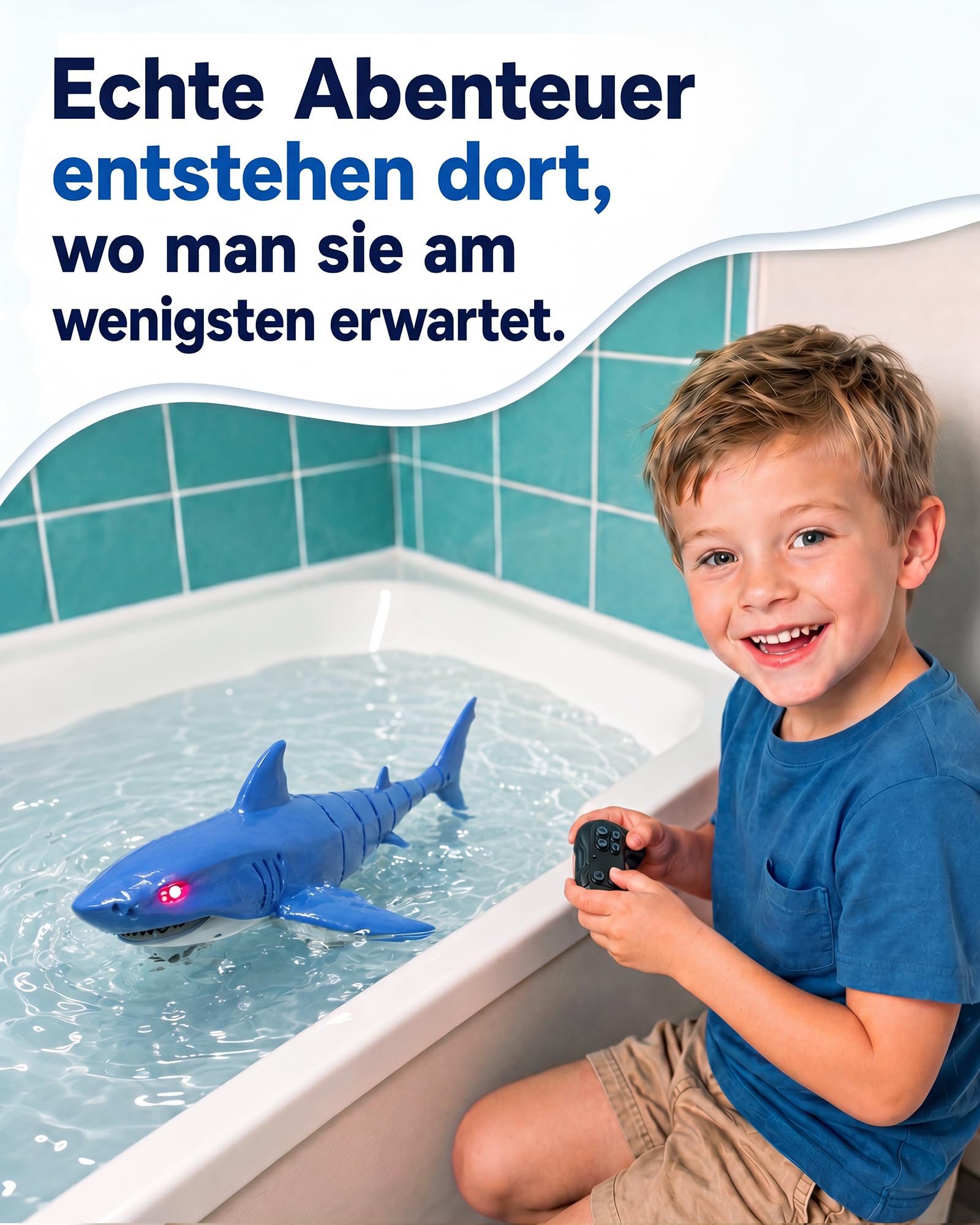 KOKODI RC Robo-Hai ab 3 Jahren – Ferngesteuerter Schwimmhai mit LED-Augen, 30 Min Laufzeit, spritzwassergeschützte Fernbedienung, USB-C-Ladeanschluss – für Pool & Strand(Hellblau)