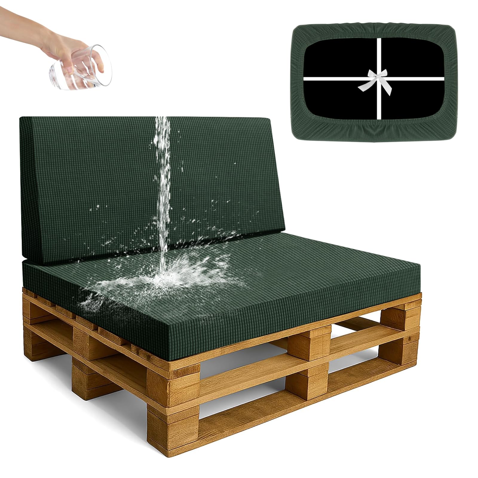 SYLC Waterproof Pallet Cushions Covers, Stretch Cover for Pallet Furniture Cushions with 4 Ties, Outdoor Corner Sofa Covers for Rattan Patio Garden Caravan (Green,2 PCS(1 Seat+1 Back))