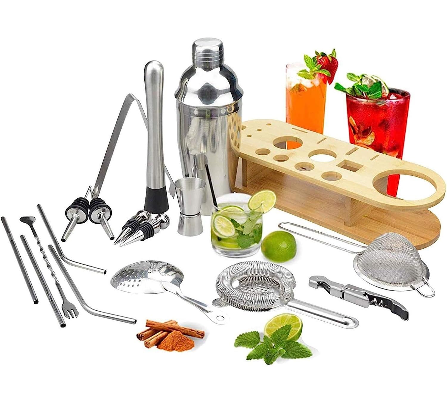 Shaker Cócteles Juego De Coctelera 18 Piezas con Soporte Herramientas Barra Acero Inoxidable para Casera Bar Set(750ml)