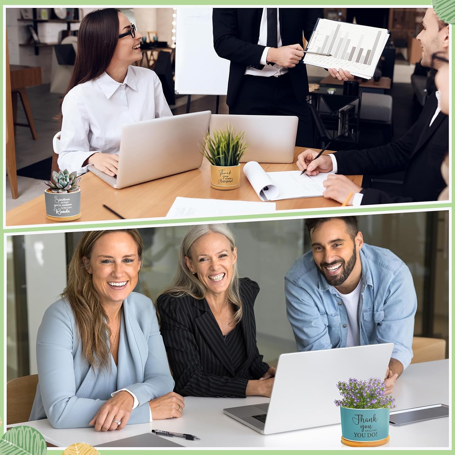 10 Pcs Thank You Gift Employee Appreciation Gift Succulent Pots Mini Ceramic Plant Pot with Bamboo Tray Succulent Planter for Coworker Employee Vet Tech Medical Assistant, Plant Excluded
