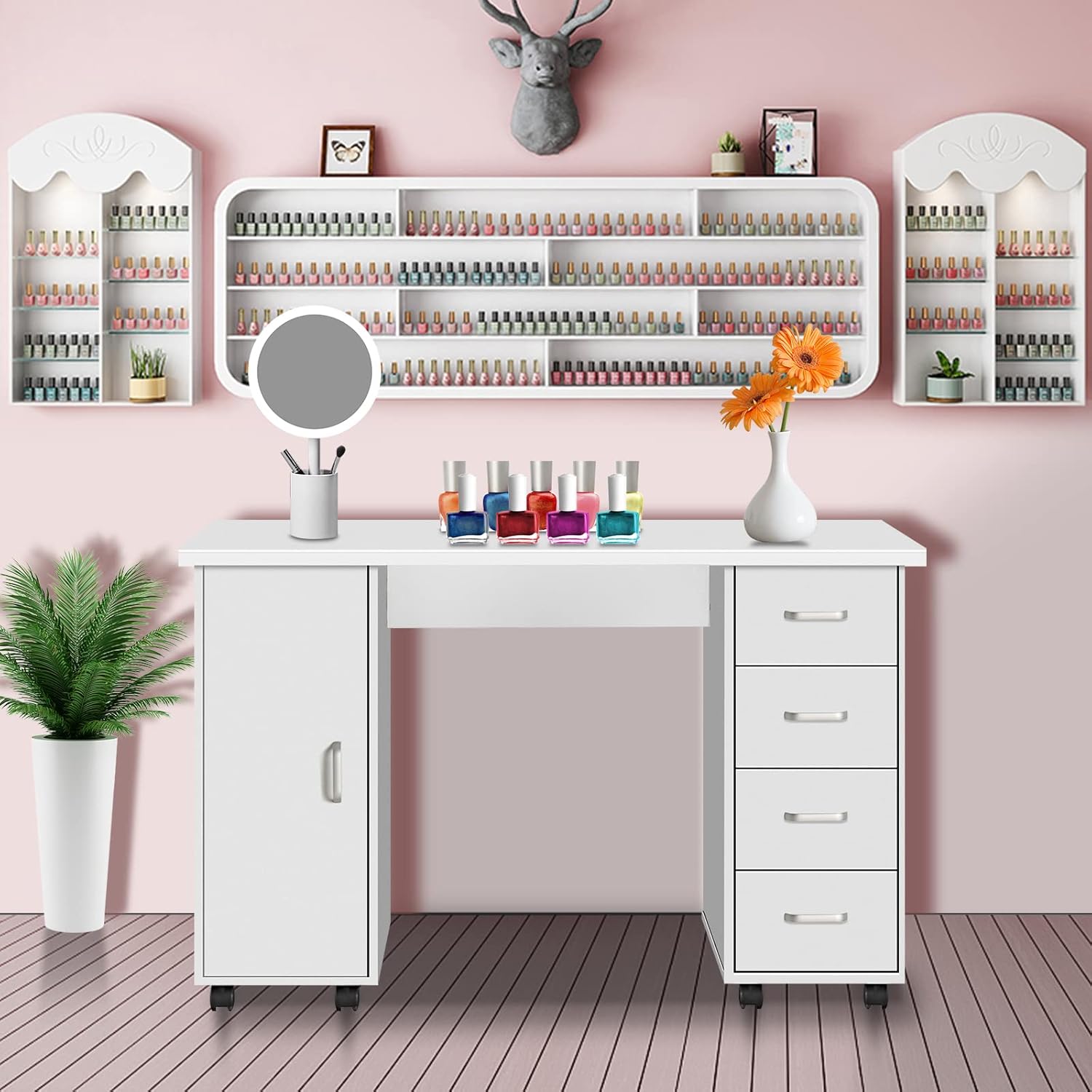SSLine Manicure Nail Table Station with Wheels,Manicure Table Nail Beauty Spa Salon Desk Workstation w/4 Drawers,1 Cabinet,Nail Art Desk Workstation