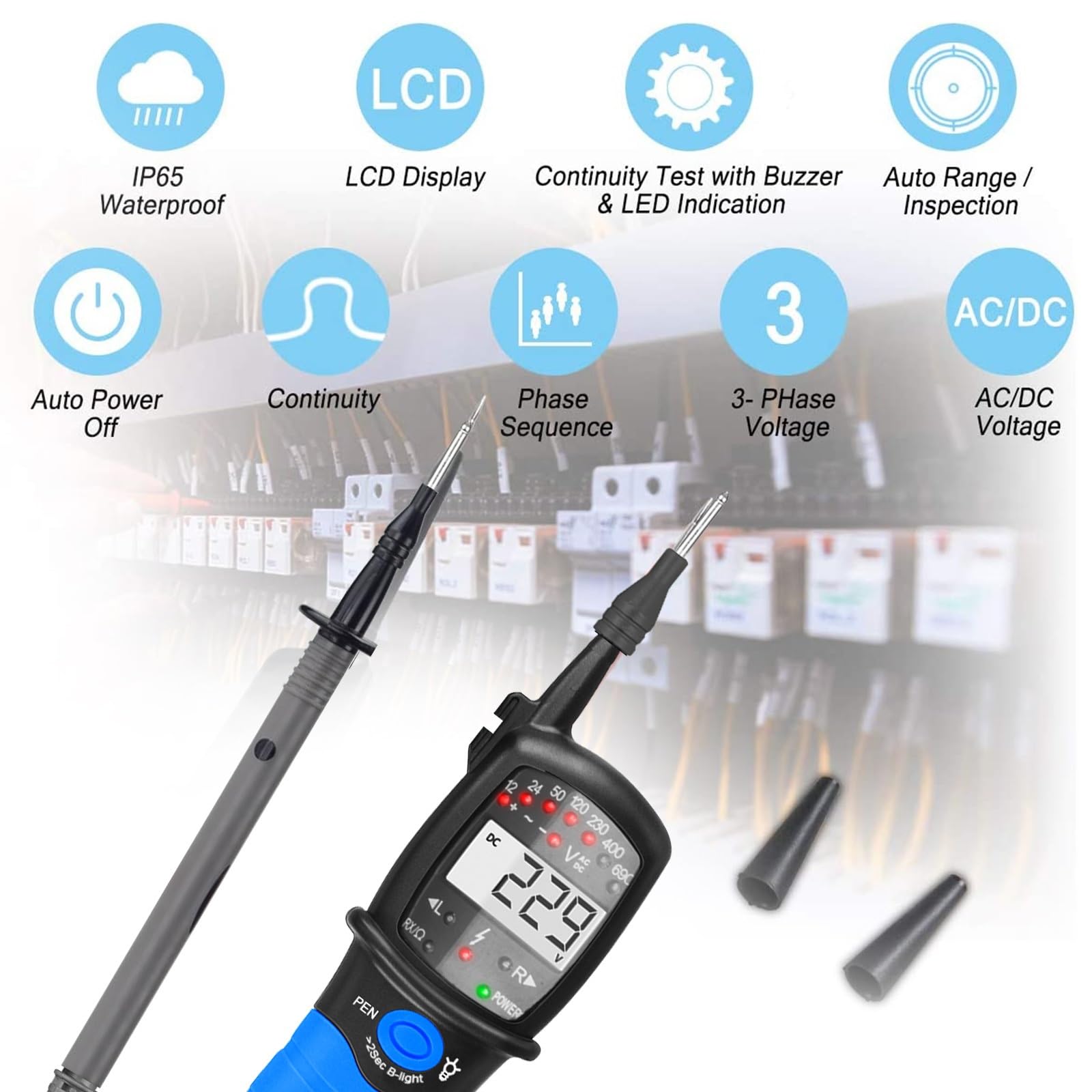 Analizzatore di reti elettriche, Tester di tensione 12-690 V Display LED/LCD, Test continuità, CAT III 690 IV 600, Rotazione fase, Spegnimento automatico