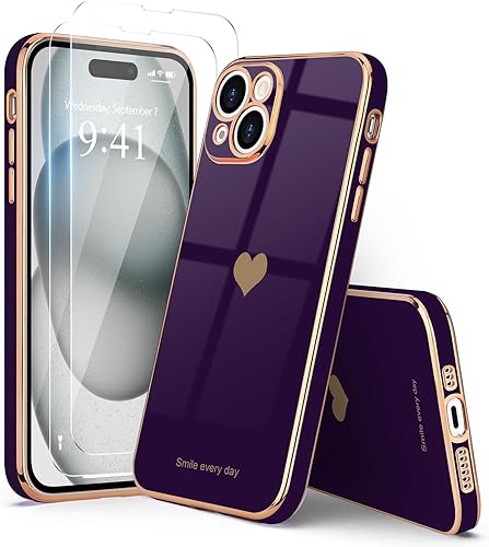 Miniatura 6 de Teageo Funda para iPhone 15 Pro con protector de pantalla 2 unidades para niñas y mujeres, diseño de corazón de amor femenino, funda suave de lujo,