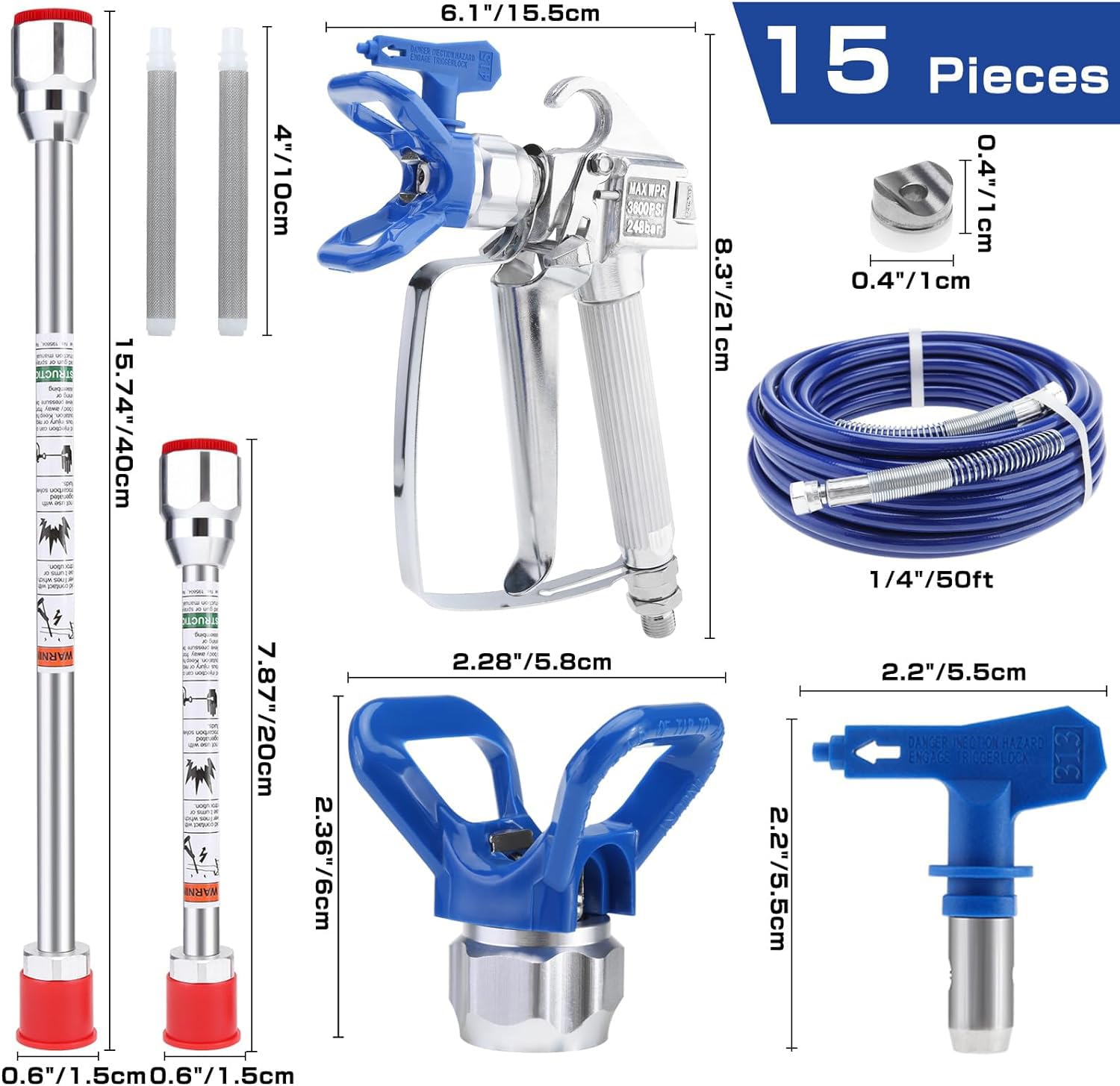 15 pezzi Pistola a Spruzzo per Verniciare Airless e Tubo Flessibile Kit, con Prolunga Ugello,5 ugelli airless,60 Mesh Elementi Filtranti