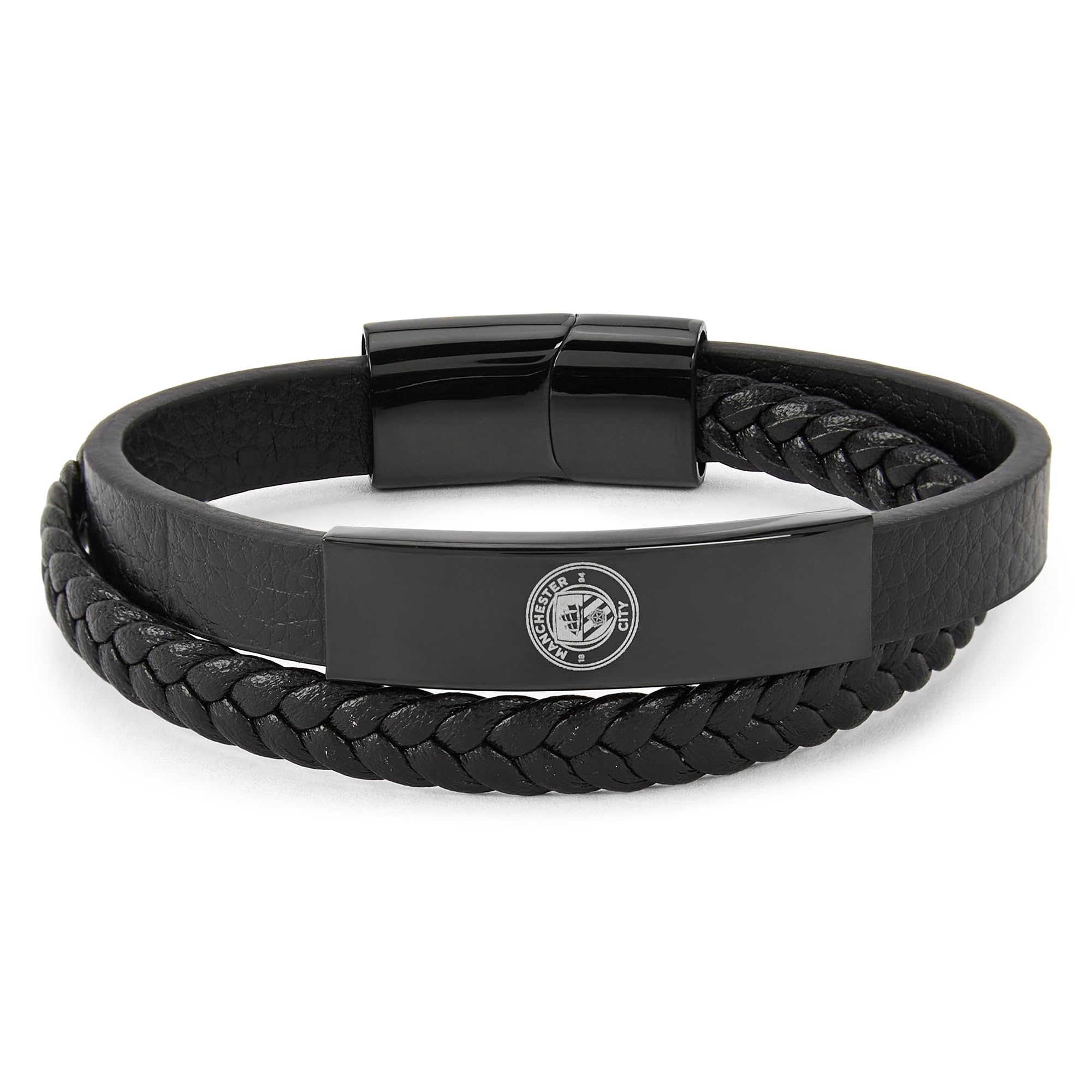 The Gift Scholars Official Club Merchandise Manchester City FC Bracelet, Stainless Steel and Black IP Plated Leather, Official Man City Merchandise