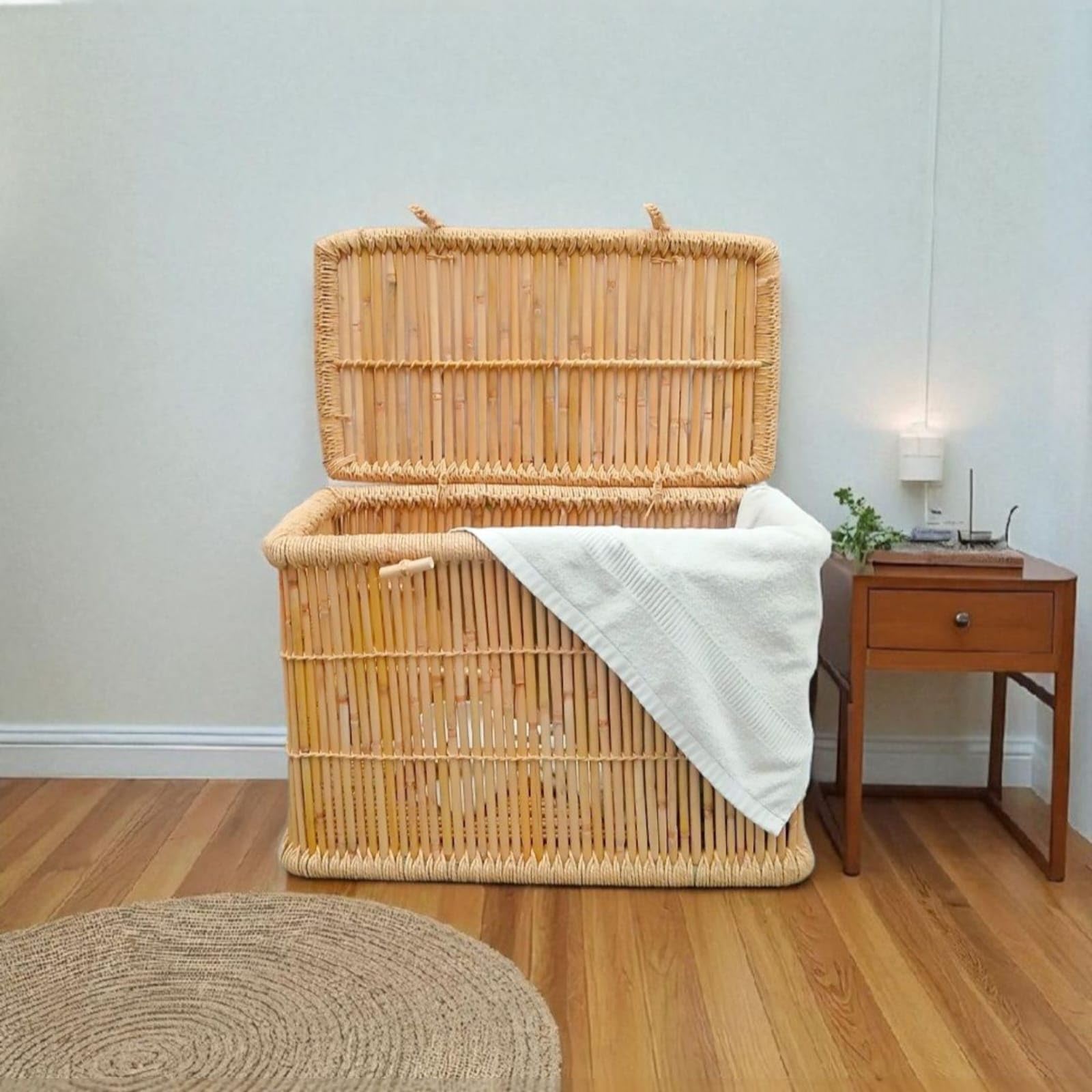 Al Fly Laundry Basket For Clothes With Lid | Laundry Box For Dirty Clothes Big Size | Picnic Hamper Basket | Kids Toys Storage Organizer For Study Room With Sitting (Bamboo Cane Wood Storage Box)-image-22