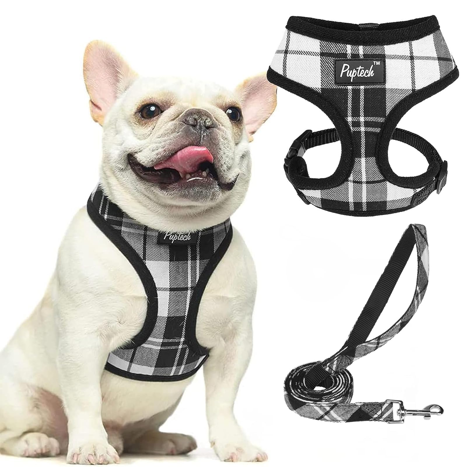 PUPTECK Soft Mesh Dog Harness and Leash Set Pet Puppy Cat Comfort Padded Vest No Pull Harnesses, Black&White, S