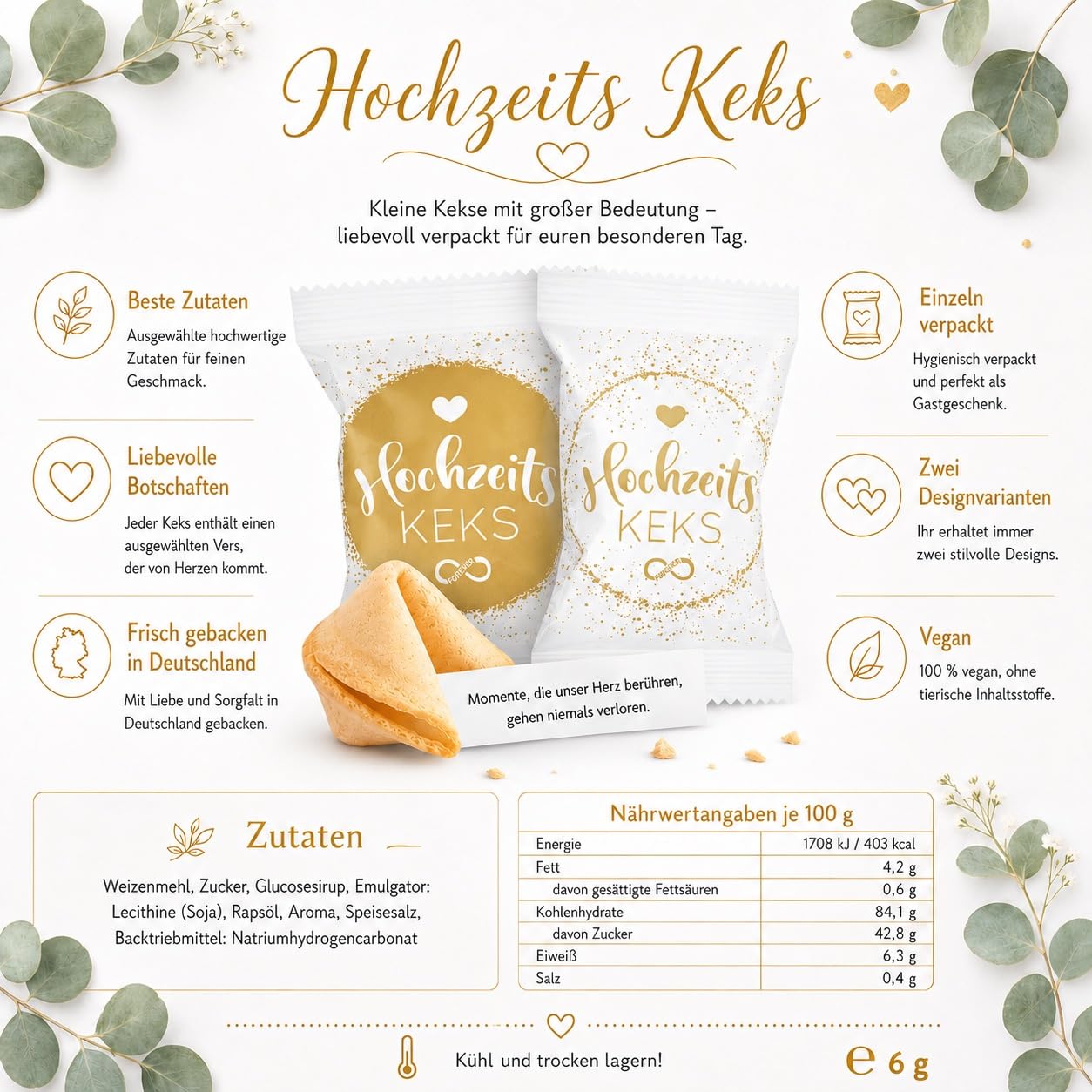 100er Box Hochzeits-Kekse (5 x hübsche 25er Aufsteller) | Glückskeks Hochzeiten als Hochzeitsdeko oder für die Candybar | frisch gebackene und vegane Idee & made in Germany