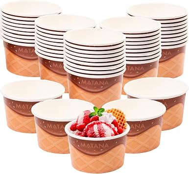 MATANA 50 Paper Ice Cream Tubs 240ml   Icecream Cone Design - Disposable Dessert Cups, Dessert Pots - Sturdy, Leak-Resistant & Recyclable Cardboard
