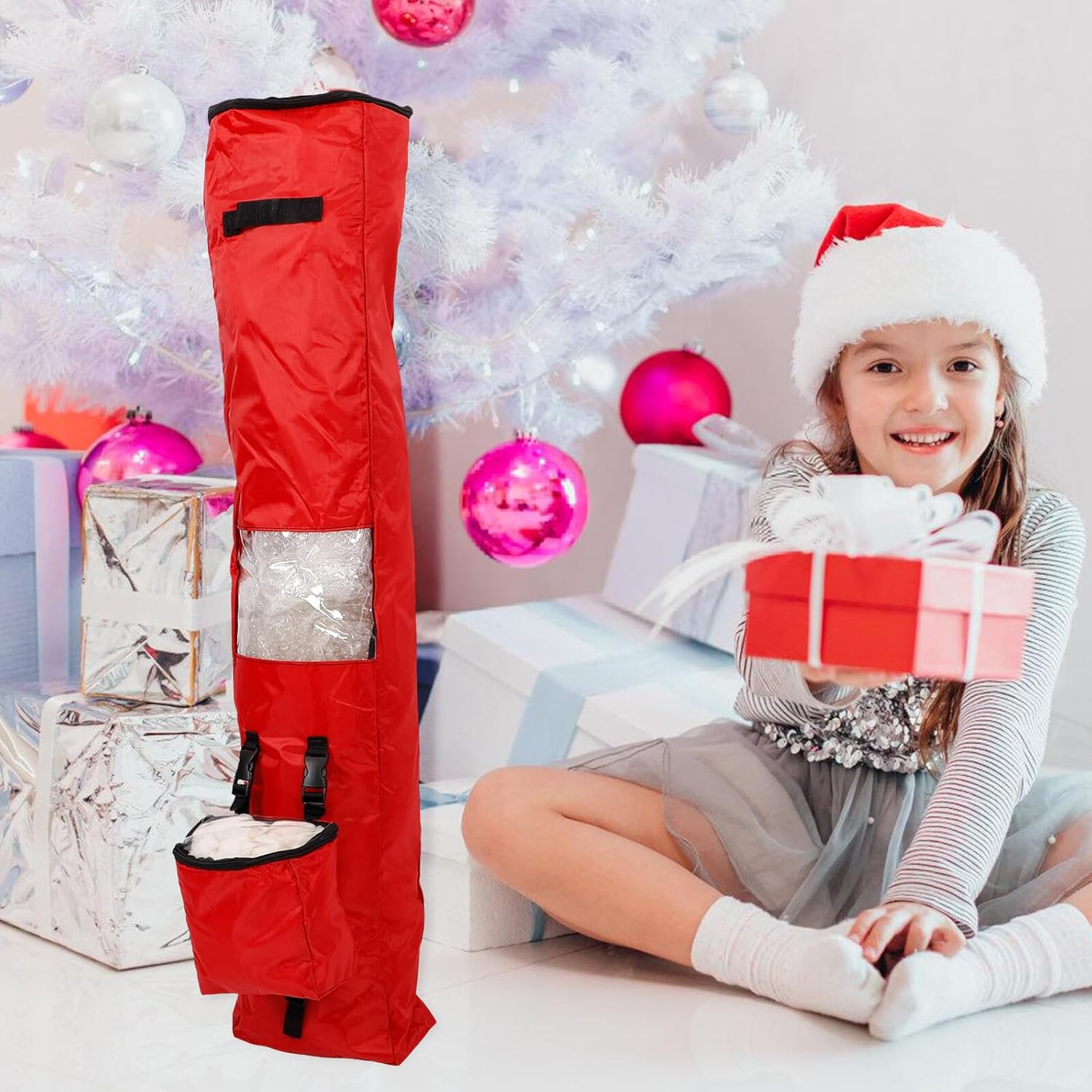 ABOOFAN Christmas Wrapping Paper Storage Bag with Multi-Layer Oxford Fabric, Foldable Red Wrapping Organizer for Holiday Party Supplies and Wrap Storage