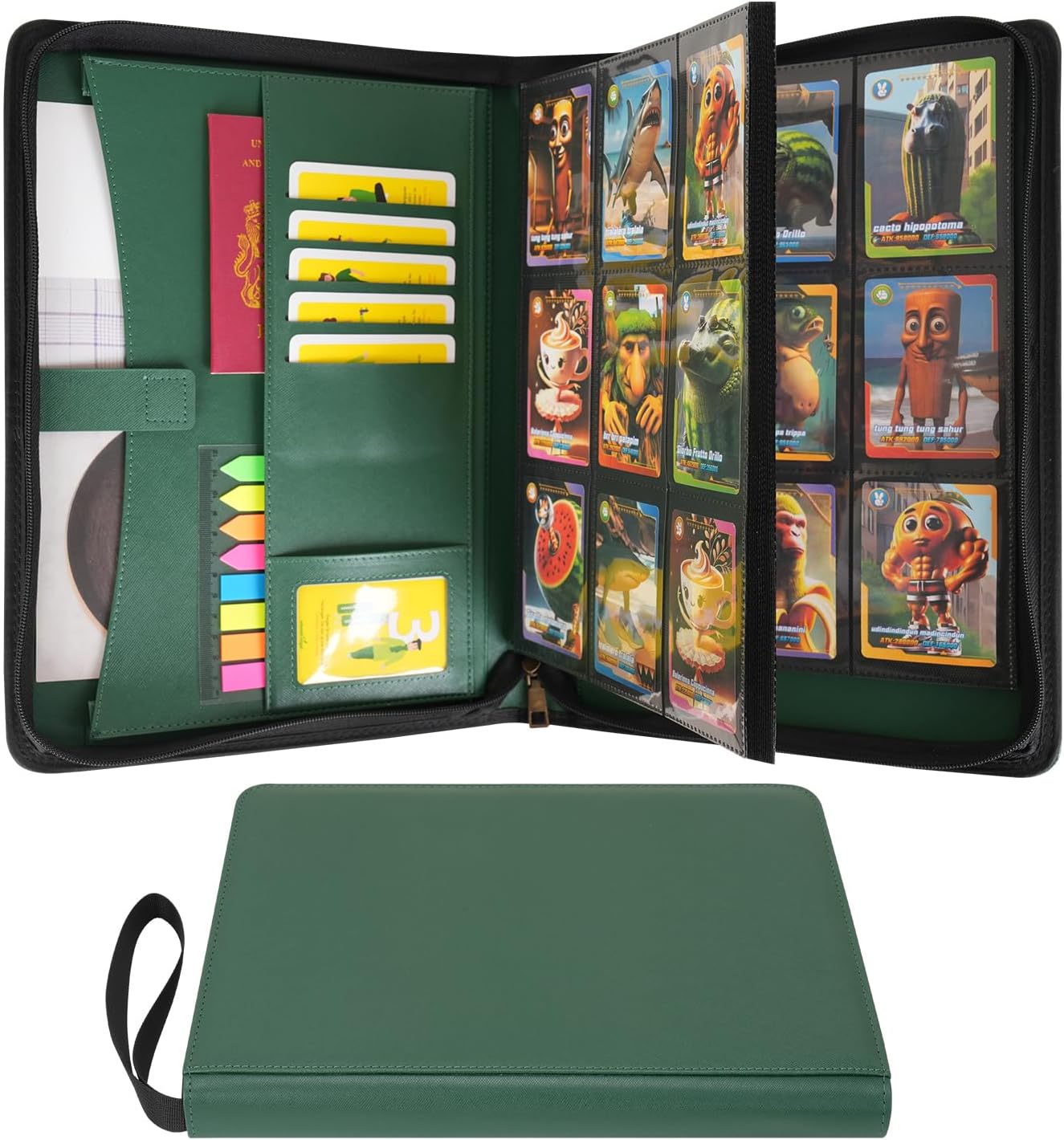 Wonderpool Trading Card Album A4 Binder 9-Pocket with Zipper for 540 Card, Leather pu Card Holder Folders Storage, 30 Side-Loading Pages for MTG, TCG, Game Sleek Sports Cards Collectible (Green)