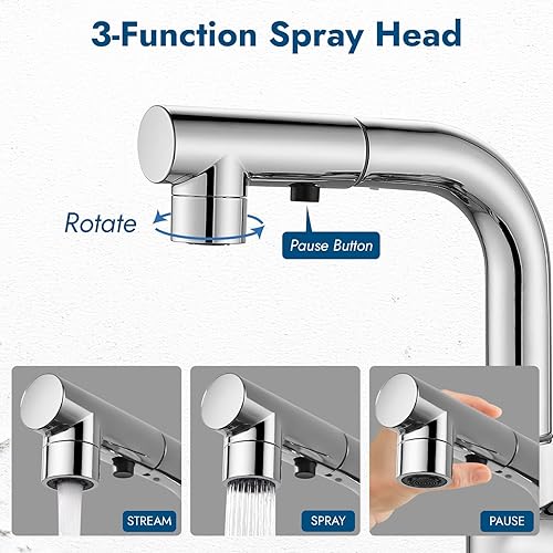 Miniatura 7 de Grifos de baño de cromo pulido de una sola manija Grifos de fregadero de baño con rociador extraíble, grifo de fregadero de barra de montaje en