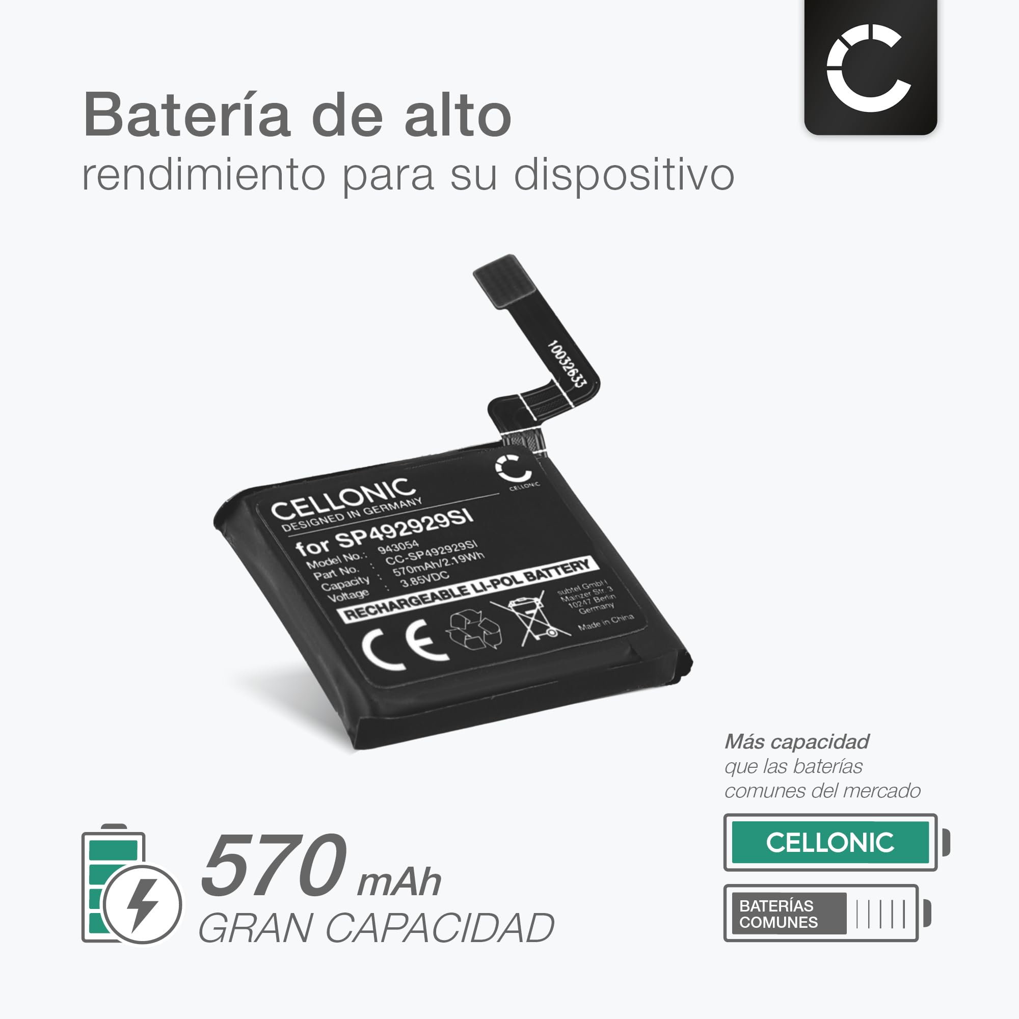 CELLONIC 1x Batería para Smartwatch y Pulsera de Fitness Compatible con TicWatch Pro 3, SP492929SI - (570mAh, 3.85V)