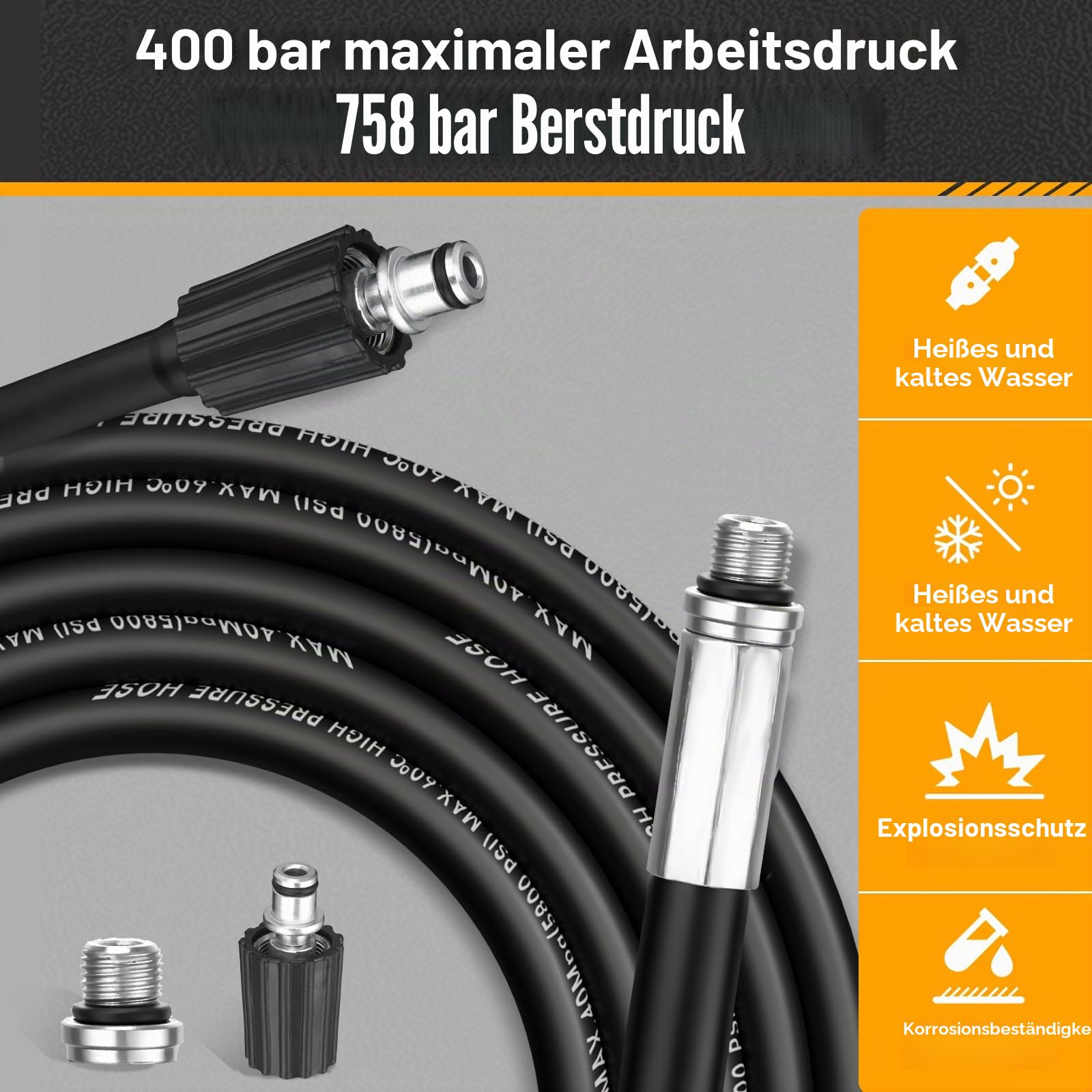 Rohrreinigungsschlauch 15 m für Karcher, Bosch Professional, Lavor | 400 bar/5800 PSI, kompatibel mit Karcher K2-K7 bei passendem Anschluss, Bosch Professional und Lavor, für Rohre und Abflüsse