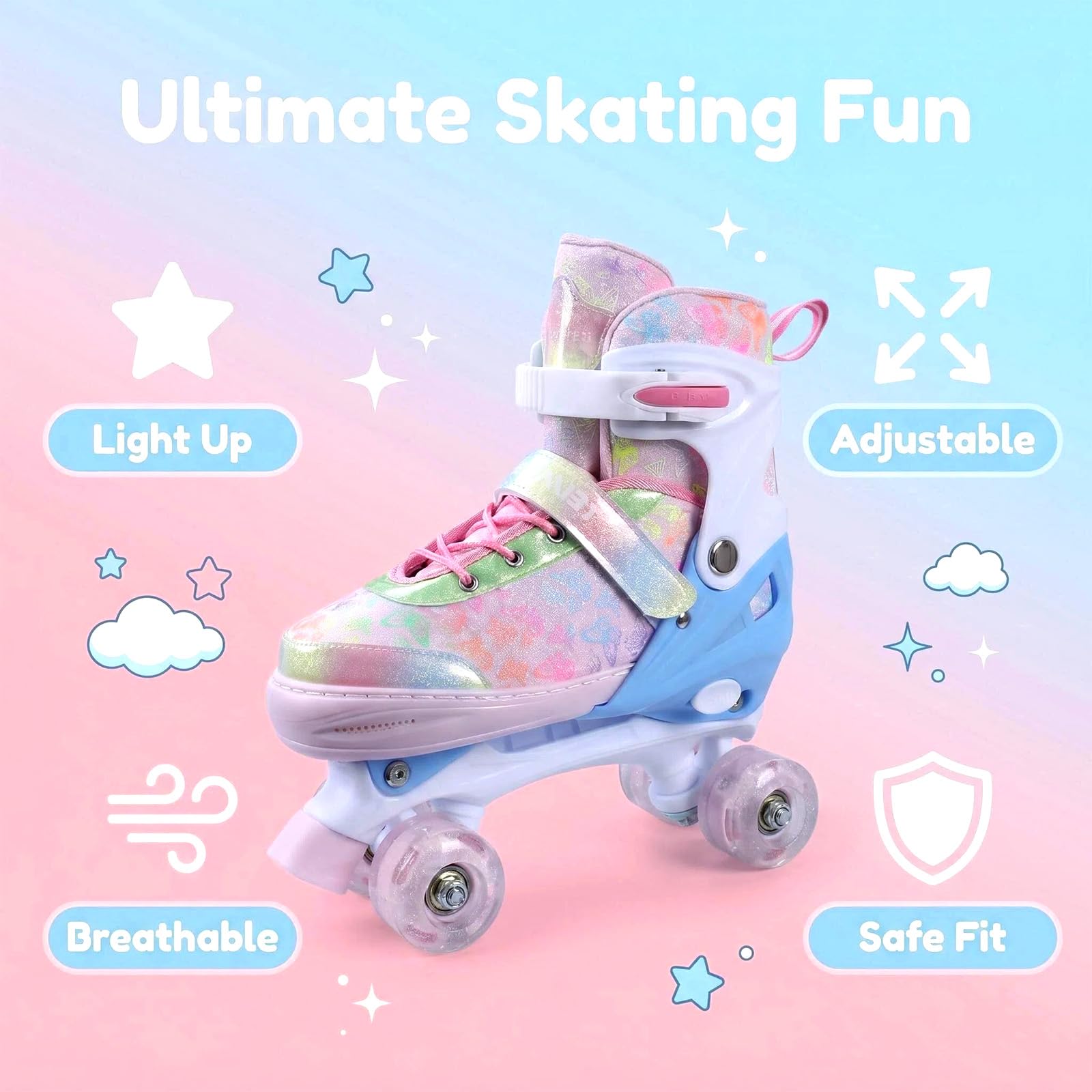 4 Sizes Adjustable Kids Roller Skates for Girls Boys Indoor Outdoor Sports, Butterfly-Pink, Small-Little Kids - Image 3