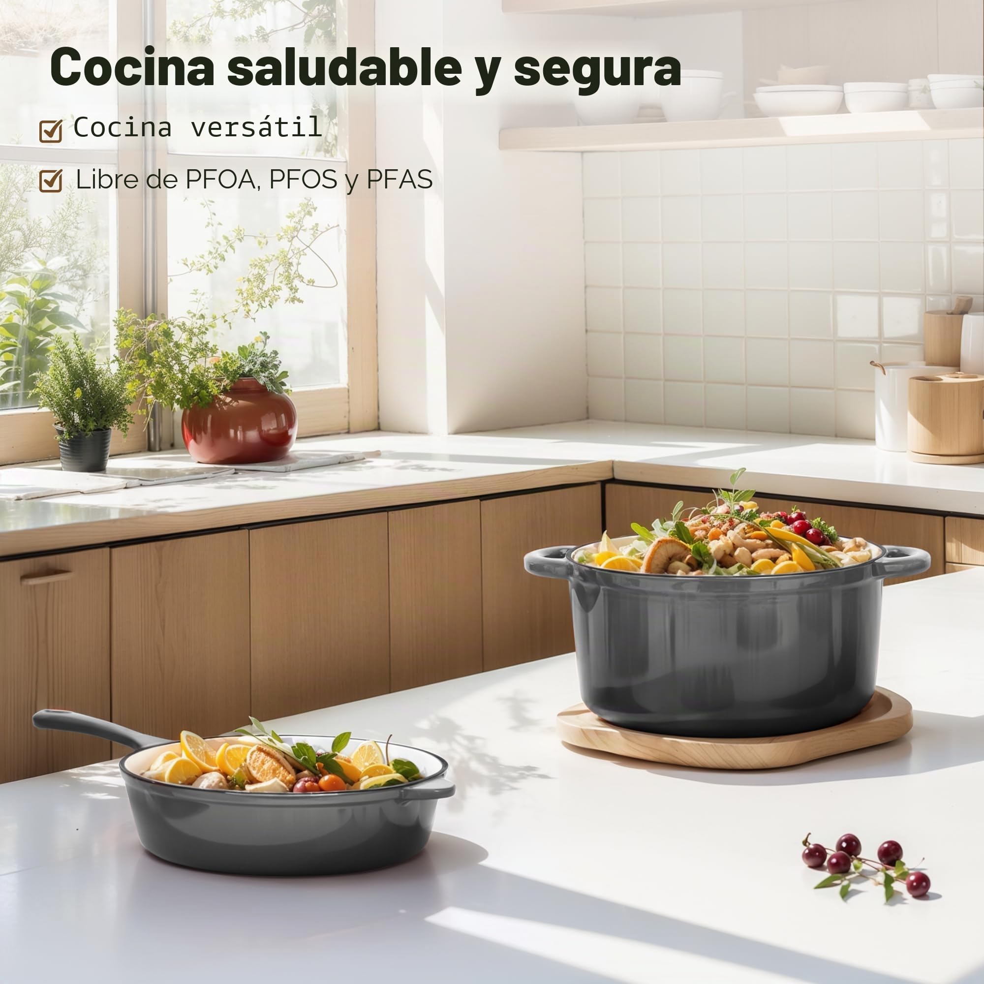 Kitchen Academy, olla de hierro fundido, juego de 7 piezas con hornos holandeses, ollas de hierro fundido esmaltadas, sartén para salsas, sartén, 3 tapas, juego de horno holandés, juego de ollas y
