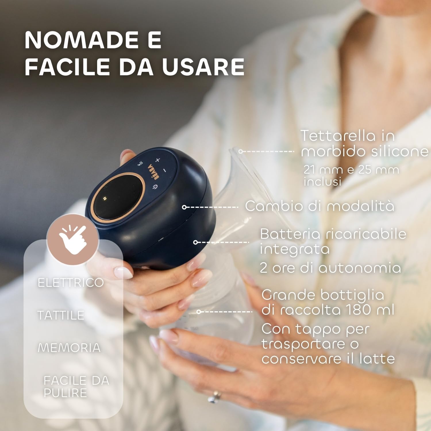 BÉABA, Tiralatte elettrico indossabile, Nomade e Leggero, 3 Modalità, 9 Livelli, Silenzioso, Grande capacità 180mL, Luce notturna, Timer, Funzione memoria, 6 sessioni, Ricarica USB C, Blu notte