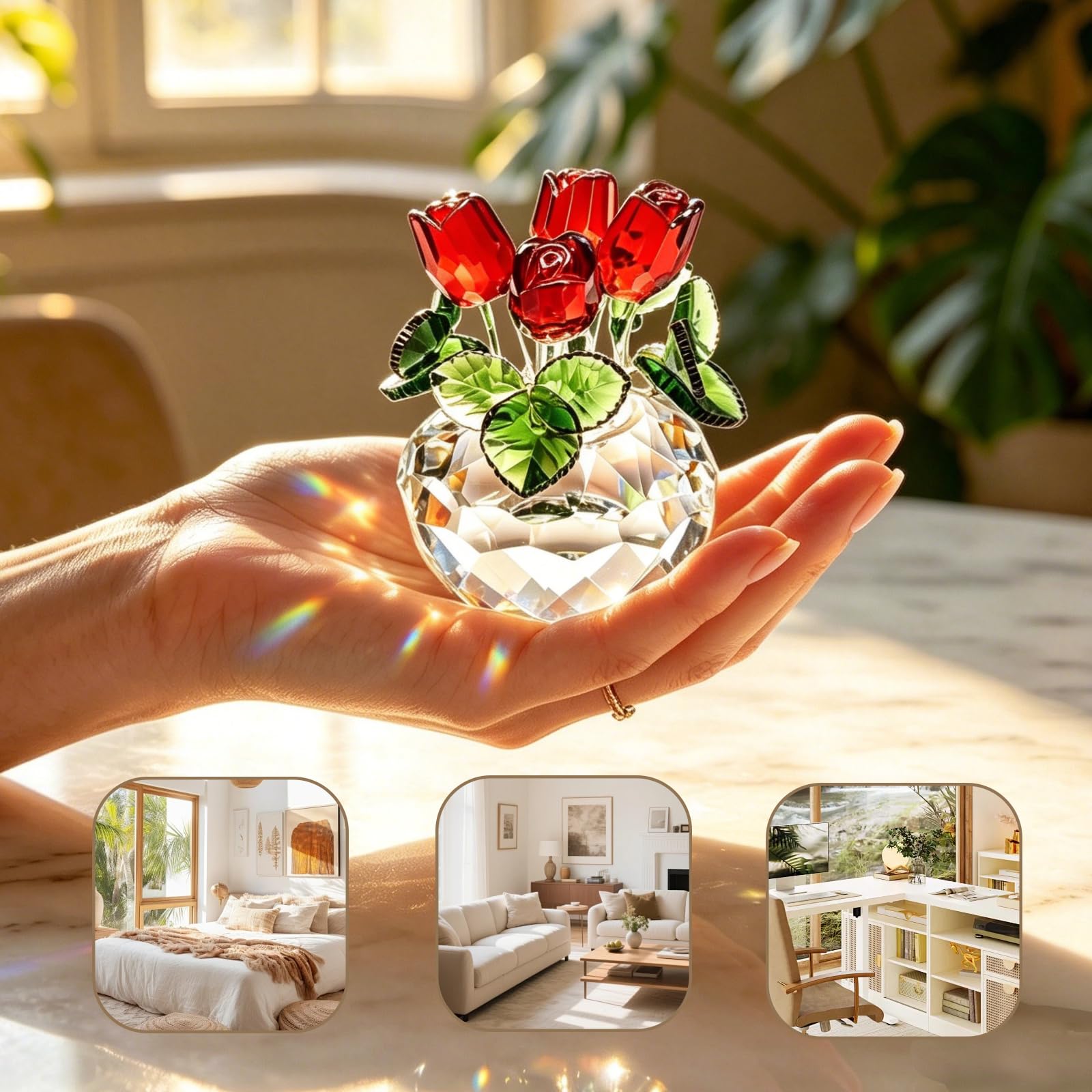 Elegante Rose Kristallrose Figur, Handgefertigte Glasrose Blumenskulptur mit Geschenkbox, Rosen Geschenke für Mama Frauen Valentinstag Hochzeit Home Tischdekoration