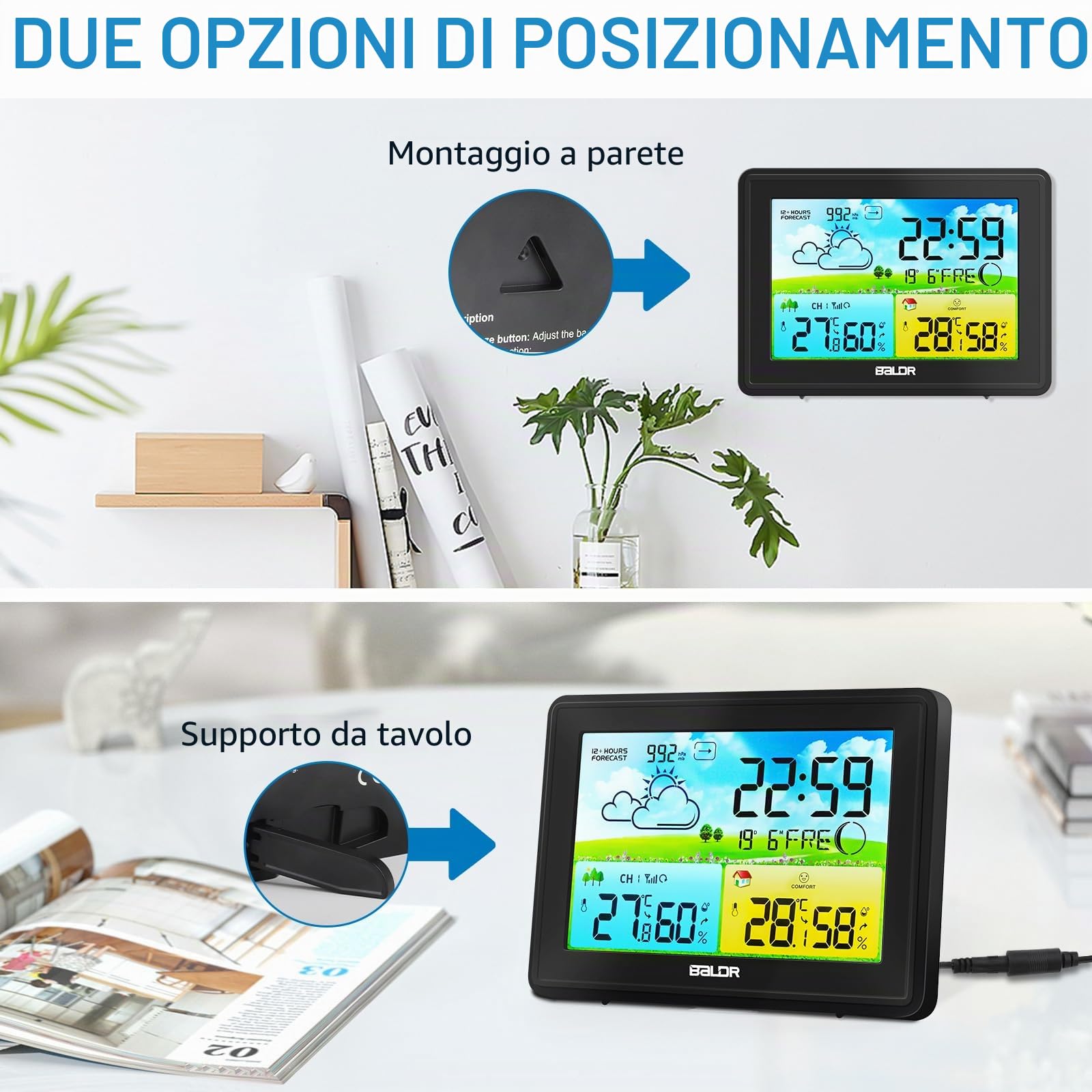 Stazione meteo radio con sensore esterno, temperatura interna ed esterna/umidità dell'aria, stazione meteo wireless con previsioni meteo, barometro e fase lunare, schermo a colori