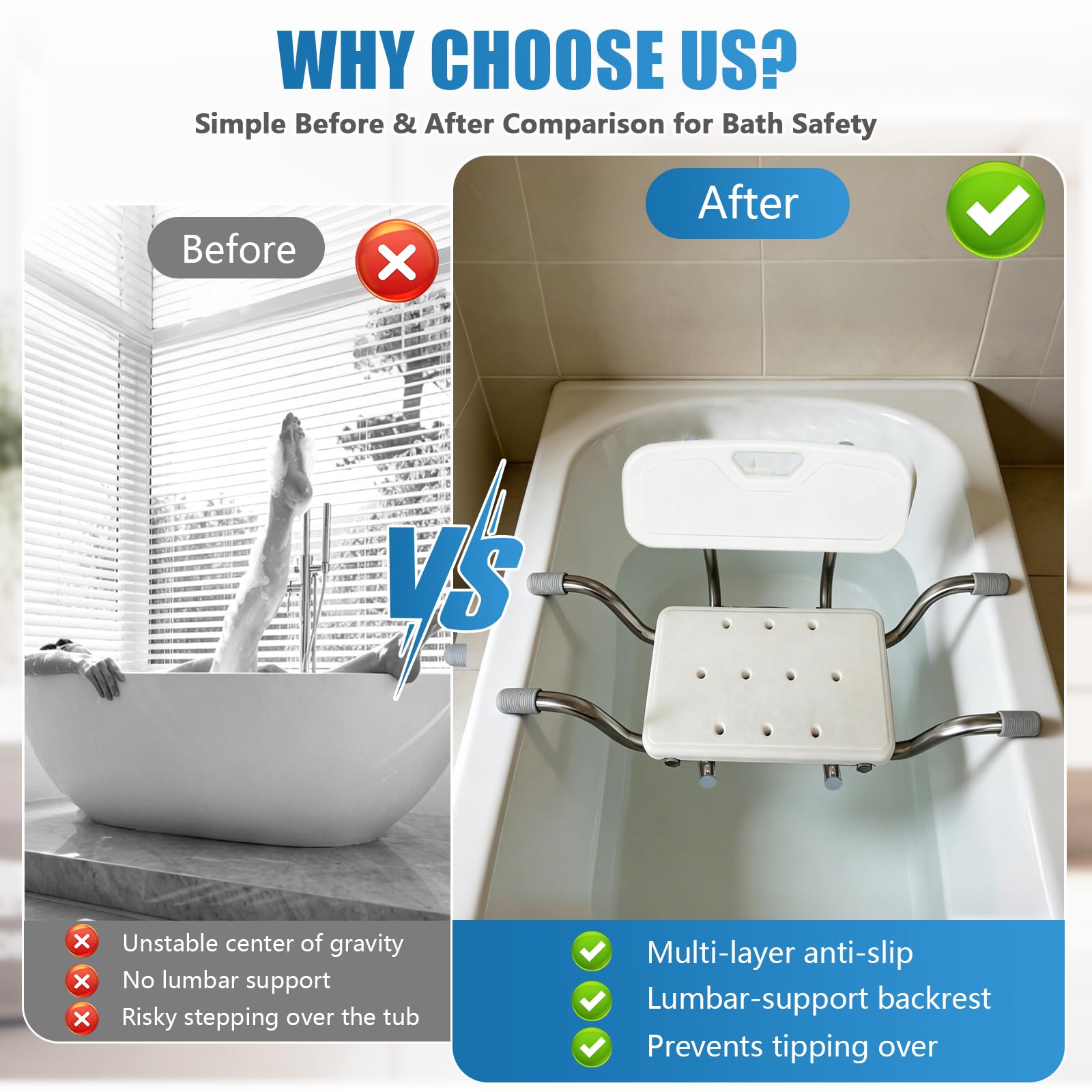 Asiento Bañera Adulto, Silla de Ducha con Respaldo Ajustable Mayores | Taburete Baño Antideslizante Con pasamanos 76-86 cm Regulable Soporta 150 kg Acero Inoxidable