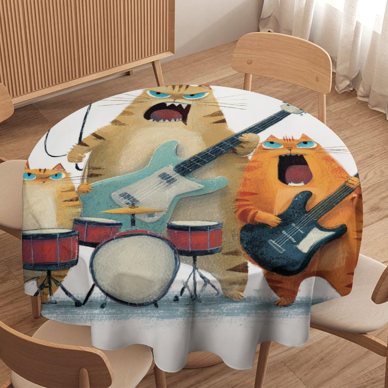 LUYYSKY Cute Cartoon Cats Bands Round Tablecloth Funny Watercolor Music Theme Animals Kittens Pattern Washable Decor for Table Cover for Kitchen-177.8" Wx177.8 L cm