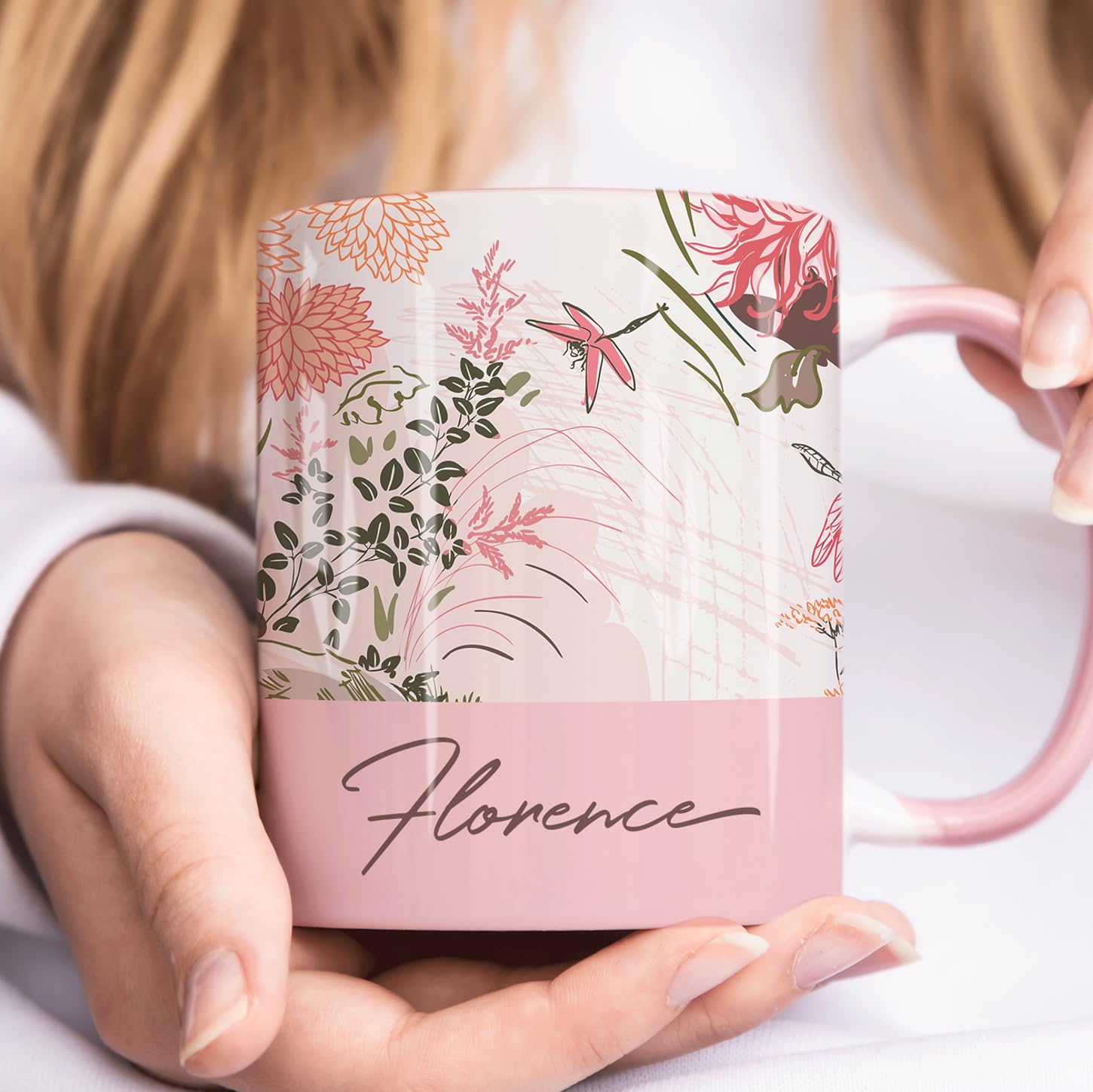The Whistling Wren Personalised Dragonfly Mug with Name, Pink Dragonfly Coffee Cup, Personalised Mug & Coaster Set