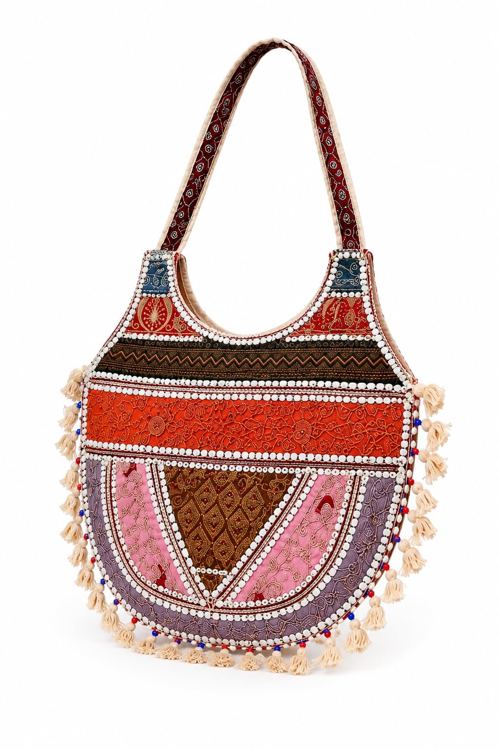 urban harbor Handmade Boho Embroidered Shoulder Bag for Women, Vintage Banjara Ethnic Tote with Tassels, Large Capacity, Rajasthani Tribal Patchwork-picture-57