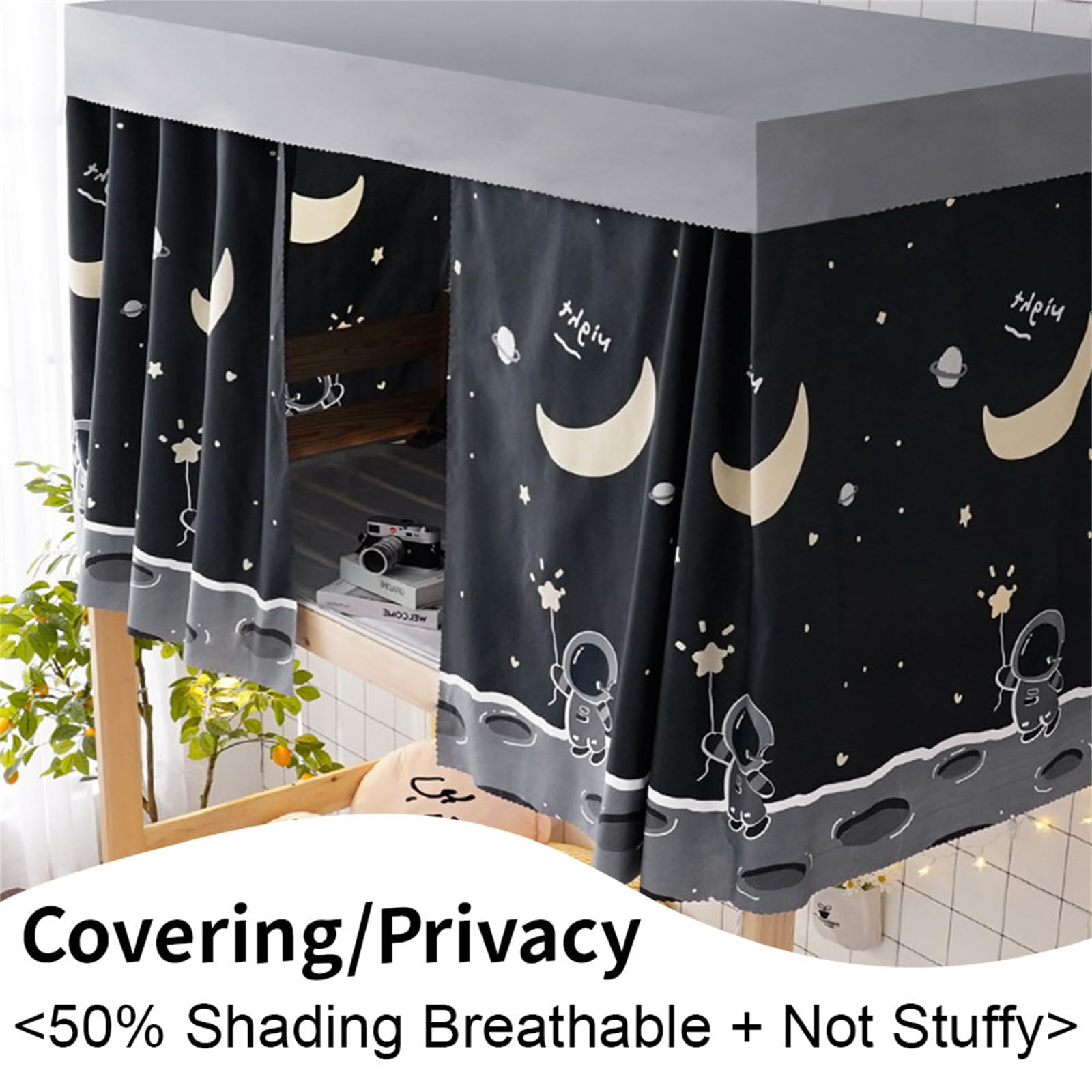 Treer Rideau Occultant pour Dessous de Lit Long, Rideau de Lit Mezzanine Anti-Poussière Occultant pour Lit Superposé ou Lit Cabane, Rideau Lit mi Hauteur (Astronaute,1.15x2M
