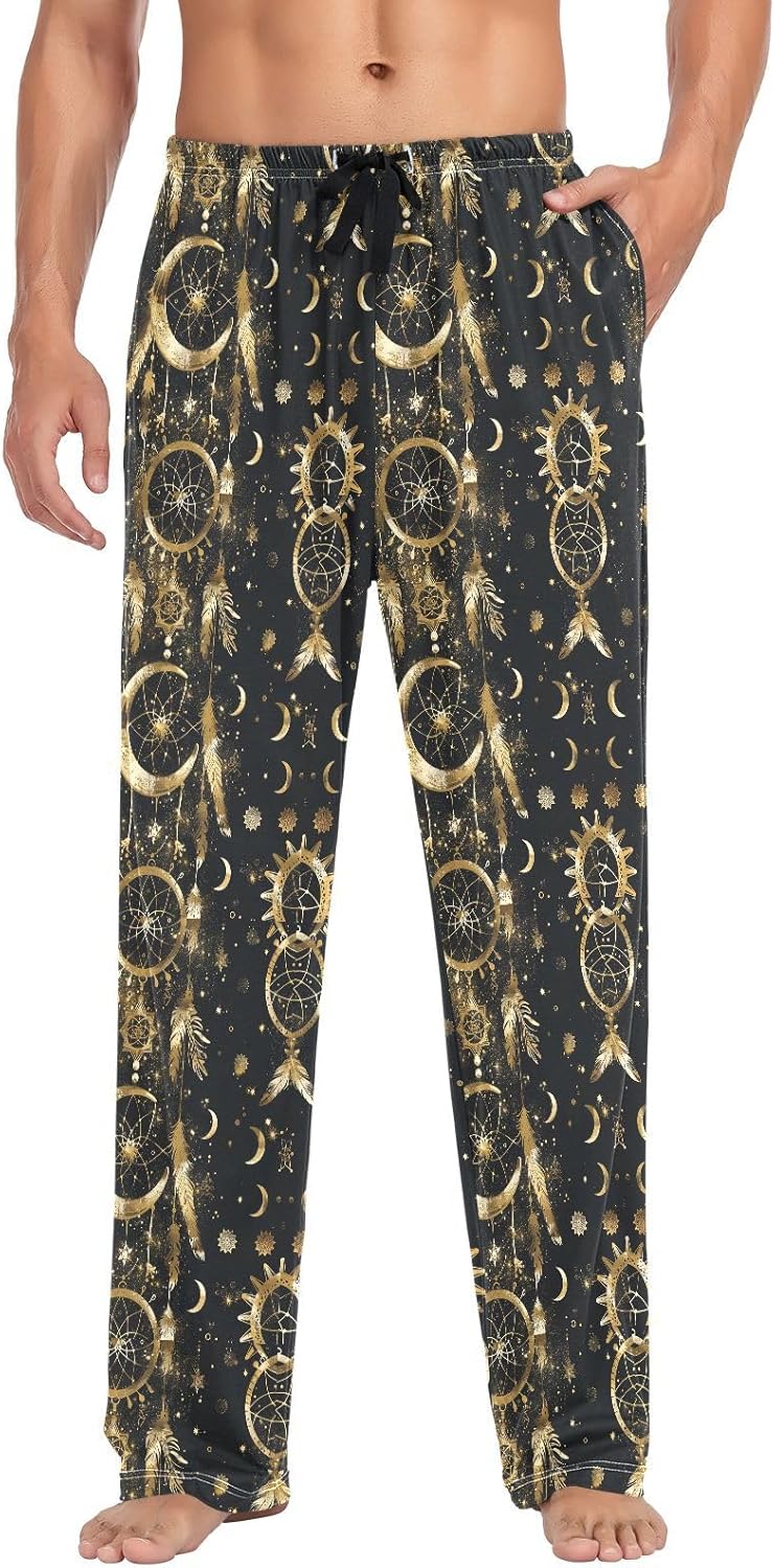 ALAZA Gold Dreamcatcher Moon Men's Pajama Pants Men Cotton Pajama Bottoms with Pockets, S