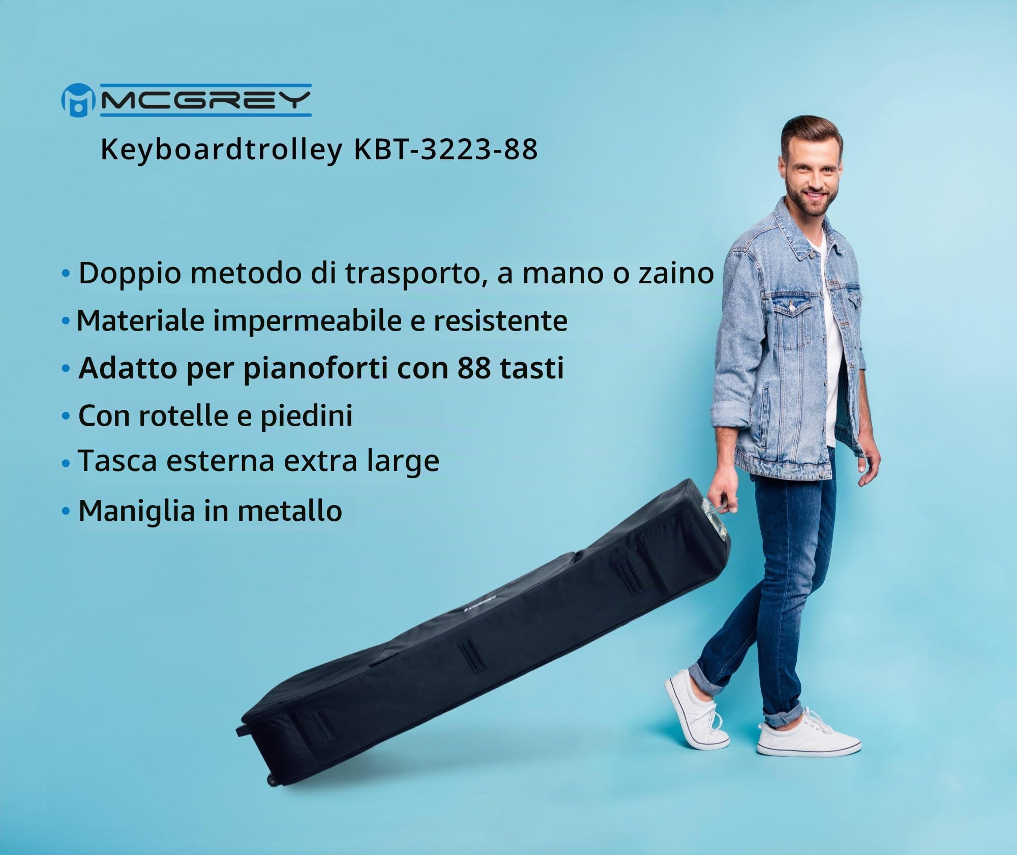 McGrey KBT-3223-88 Carrello da trasporto con ruote per tastiera e pianoforte con 88 tasti, leggero, confortevole e robusto, imbottitura interna spessa, zaino imbottito, impermeabile, nero