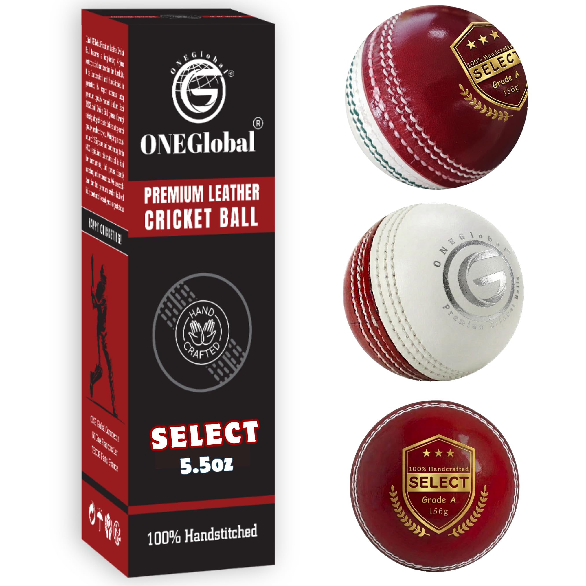 ONEGlobal Select Leather Cricket Ball for Match, Practice & Training | Senior 5.5oz & Junior 4.75oz Genuine Leather Hard Cricket Balls in Red, White, Pink or Red&White (3-RED&WHITE, Senior)