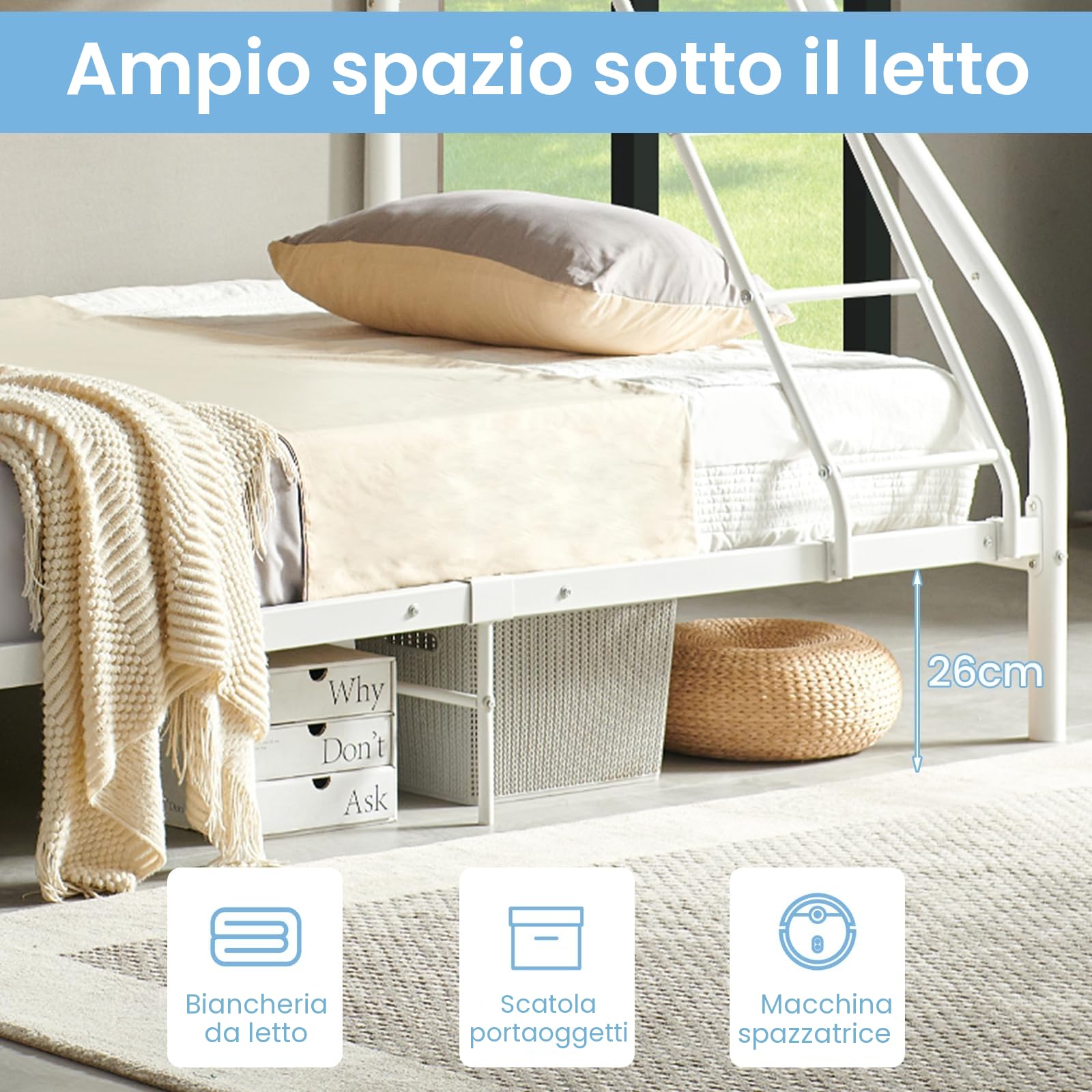 H.J WeDoo Letto a Castello a 3 Posti con Barriera Sponda Anticaduta e Scaletta Letto per Cameretta 200 x 140/90 cm in Metallo - Bianco