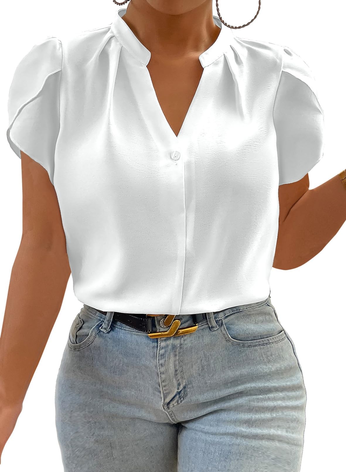 Eytino Women Plus Size Shirts Summer V Neck Petal Sleeve Business Work Dressy Blouse Tops(1X-5X)