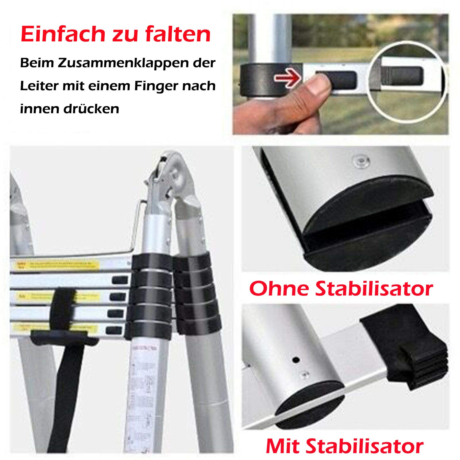Teleskopleiter 5m mit Stabilisatorstange Aluleiter Klappleiter EN131-zertifizierte Klapp - und Anlegeleiter 16 Sprossen - 93cm bis 5m Anlegeleiter, 150 kg Belastbarkeit (2.5+2.5M)