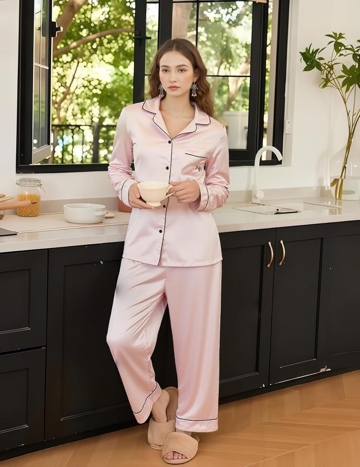 Women's Satin Pajamas, Button Down Long Sleeve Pjs Set, 2 Piece Silk Soft Loungewear with Hairband - Image 3